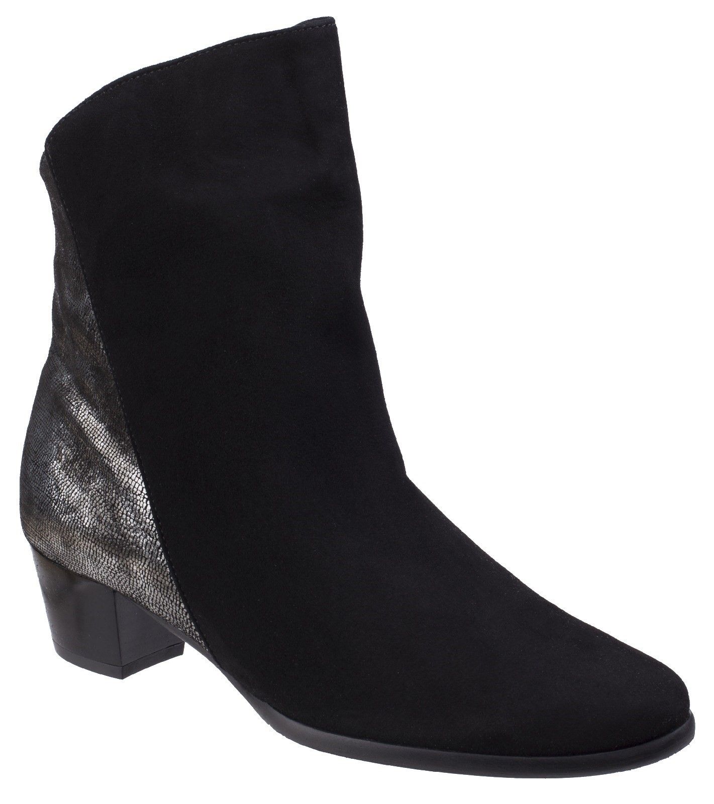 Riva brings in a twist with this eye-catching evening boot.  A half shimmering metallic reptile print gives an elegant edge to a traditional classic suede boot. Crafted with a luxury leather upper. 
Flexible and soft supple suede vamp. 
Shimmering metallic reptile print back and cuff lip. 
Versatile styling with optional fold over cuff and snap button fastening. 
Full side zip opening.