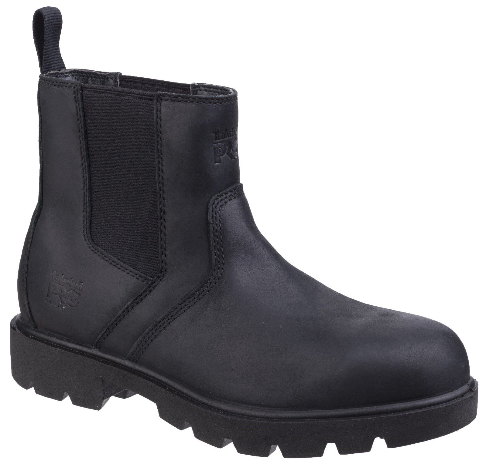 Timberland Sawhorse Dealer boot with impact and compression resistant toe cap, comfort and durabilityMens premium full grain leather Chelsea. 
Slip resistant wide tread lug outsole. 
Single Density Open Cell Polyurethane footbed. 
Mesh lining for added breathability and comfort.. 
Steel Toe.