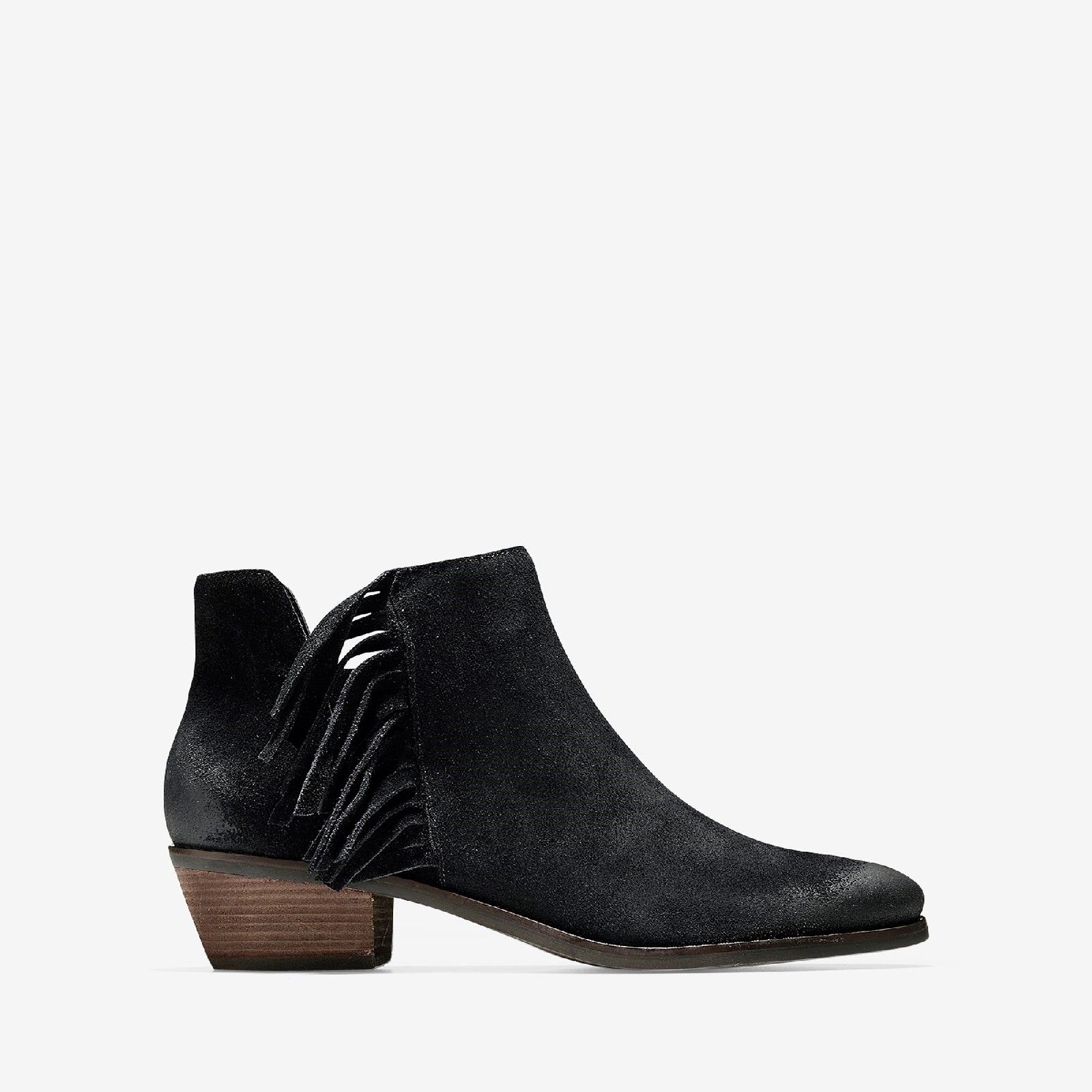 These urban, cowgirl-chic ankle boots are crafted in rich leather and feature dual side cut-outs that add the perfect amount of edgy flair. Suede upper with fringe detail and hidden side gore for easy entry.. 
Fully lined.. 
Full rubber outsole with welt and GRAND/OS technology for comfort and stability.. 
45mm stacked heel..