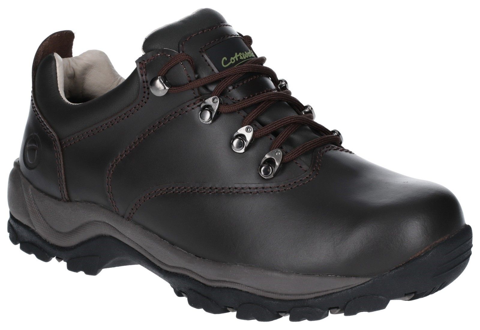 A classic leather trail and hill walking shoe from Cotswold with waterproof lining - a sure safe choice for the Great British Weather and a countryside hike.Crazy horse full grain leather upper. 
Waterproof breathable membrane. 
Dual padded leather lined collar. 
Metal lace rings with speed lacing. 
Cushioning EVA/Rubber sole.