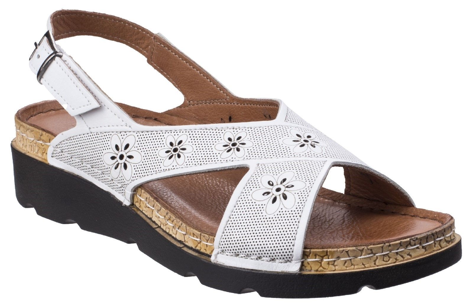 Stylish and comfortable wedge sandal from Italian inspired brand Riva. The attention is in the detail with floral decorations and supple leather uppers showcased on a sporty-look platform wedge. Soft and supple leather uppers. 
Perforated floral details and patterns. 
Criss-cross open toe design. 
Sling back strap with buckle closure. 
Anatomically designed cushioned leather foot bed.