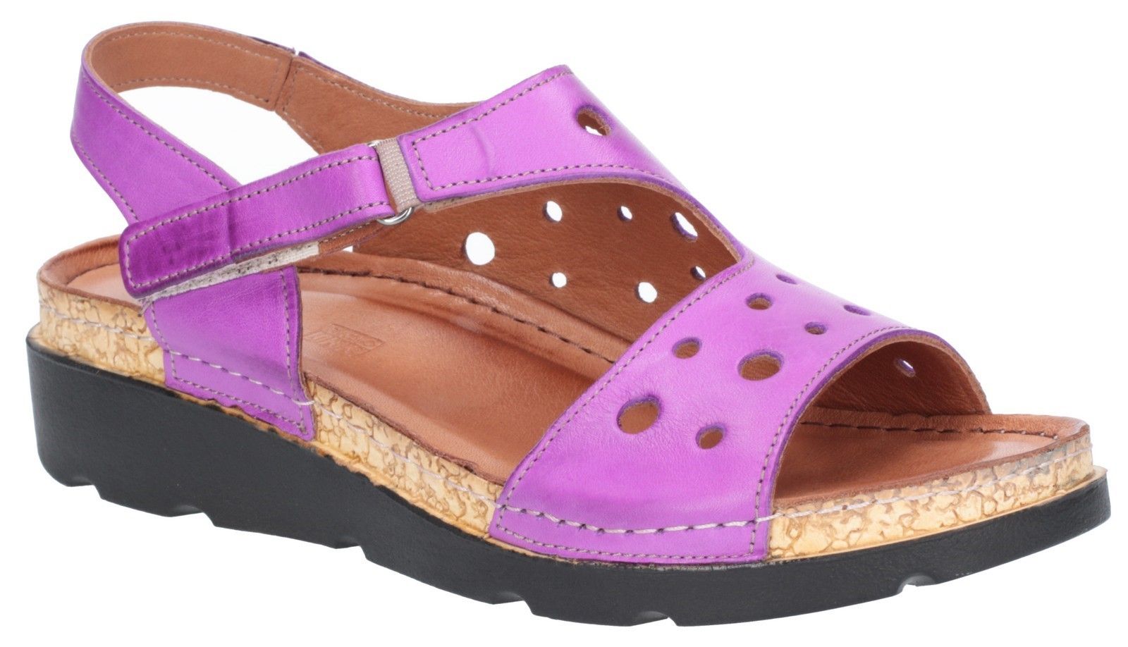 Off-duty sandal with asymmetric punched detail upper, comfortable open toe and sling back strap. A cork effect mid layer on the wedge platform rests a comfortable cushioned foot bed. Soft and supple leather uppers. 
Punched detailing. 
Open toe asymmetric design. 
Sling back strap with subtle elasticated panel. 
Adjustable touch fastening strap.