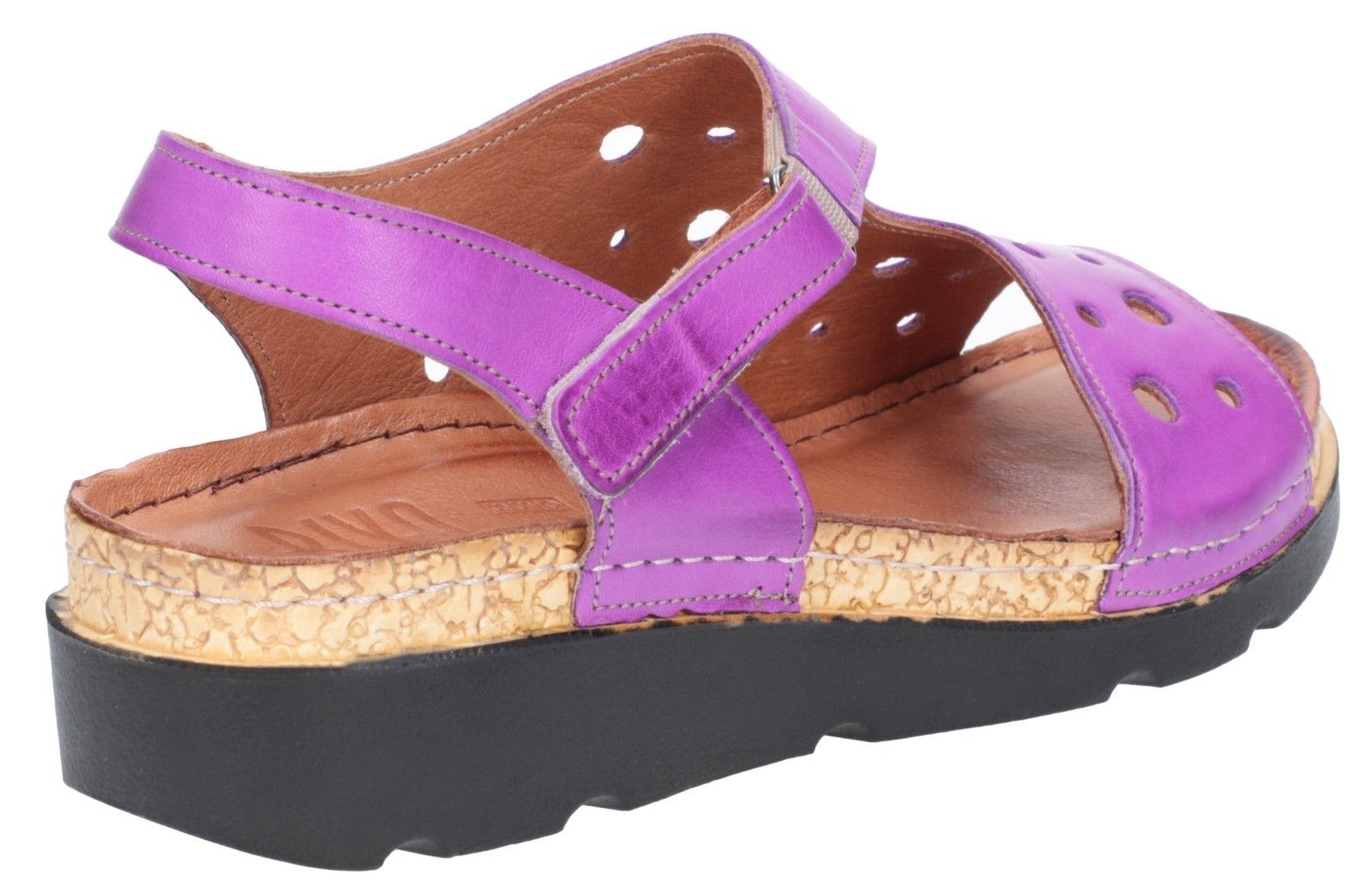 Off-duty sandal with asymmetric punched detail upper, comfortable open toe and sling back strap. A cork effect mid layer on the wedge platform rests a comfortable cushioned foot bed. Soft and supple leather uppers. 
Punched detailing. 
Open toe asymmetric design. 
Sling back strap with subtle elasticated panel. 
Adjustable touch fastening strap.
