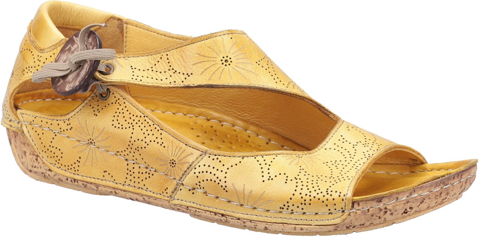 An upgrade to Rivas bestselling low-wedge holiday sandal. For this summer, Arlo has improved design, shape, comfort and colours. Ideal for everyday casual comfort Supple leather upper with embossed and perforated floral design. 
Large button detail on side. 
Easy slip on with elasticated stretch side fitting. 
Comfortable closed back and open toe style. 
Soft leather heel back.