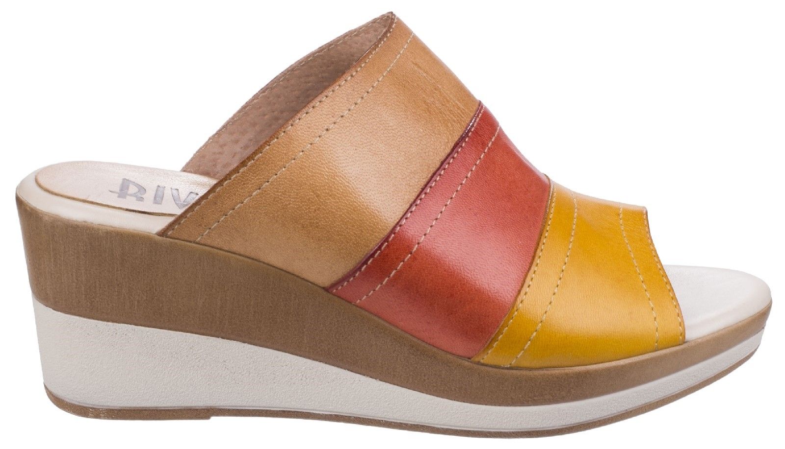 Classic Italian inspired high wedge mule sandal with a twist of colours and textures.  A two toned, dual textured platform wedge showcases layered multi-coloured leathers. Slip-on open-toe mule sandals from Riva. 
Multi-coloured leather upper. 
Comfort padded leather lined foot bed. 
Inner anti-slippage leather pad. 
Two-toned, two-textured platform wedge.