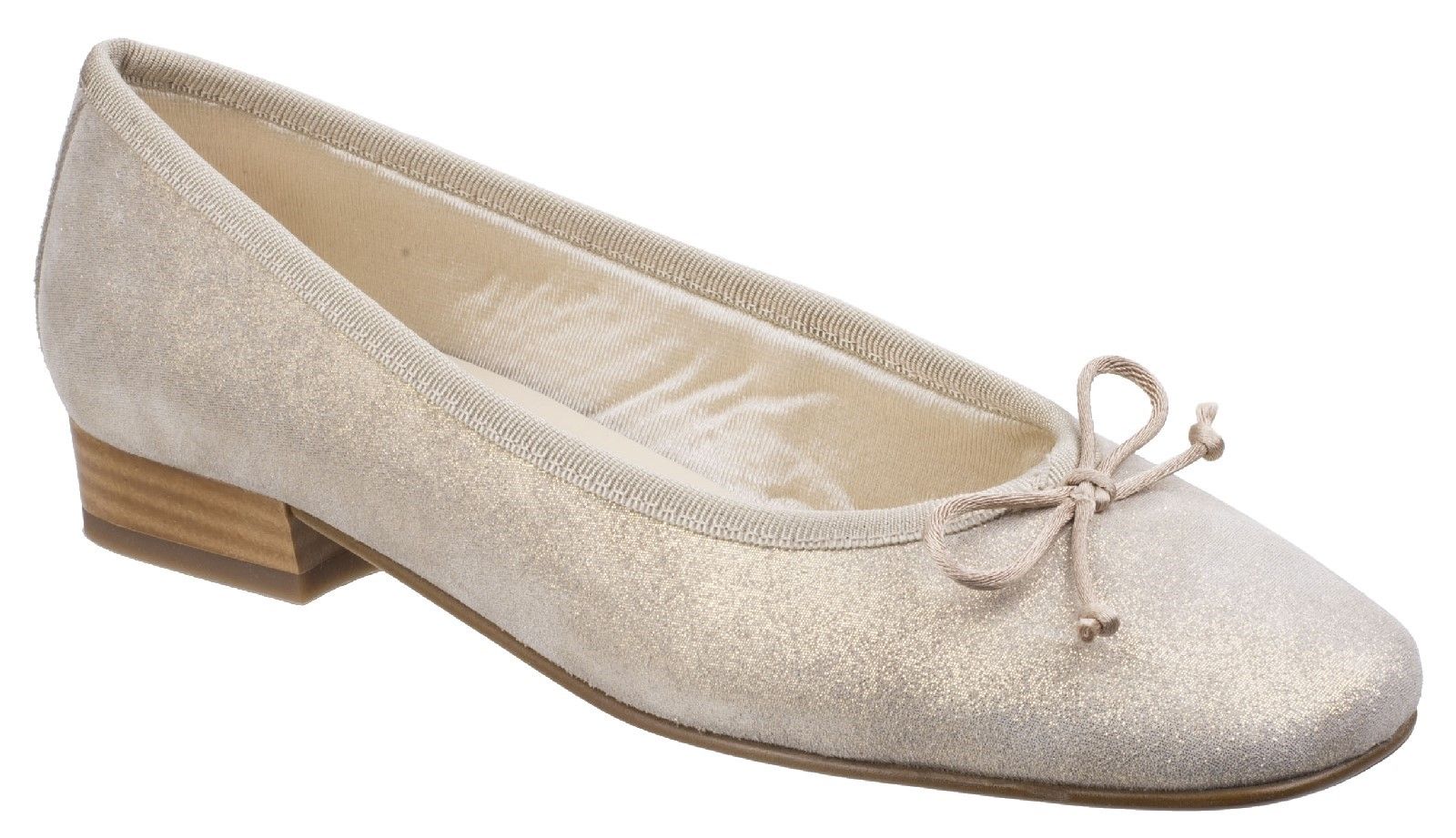 Riva are renowned for their vast collection of ballerinas, original design, sumptuous materials and colour combinations. This ballet court takes you day to night with clever glistening mosaic print and elegant metallic cap toe.Ladies slip on ballerina court shoe. 
Supple suede upper with mosaic glitter metallic print. 
Delicate bow and shimmering toe cap overlay. 
Wide opening with leather rim finish. 
Silky smooth comfort padded textile lining.