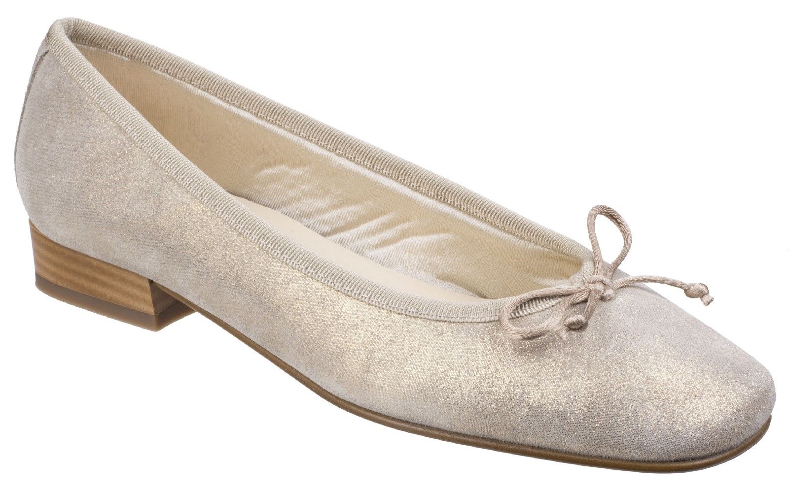 Riva are renowned for their vast collection of ballerinas, original design, sumptuous materials and colour combinations. This ballet court takes you day to night with shimmering grunge skin and defined square toe.Ladies slip on ballerina court shoe. 
Supple suede upper with shimmering grunge print. 
Delicate leather bow. 
Wide opening with textile canvas finish. 
Silky smooth comfort padded textile lining.