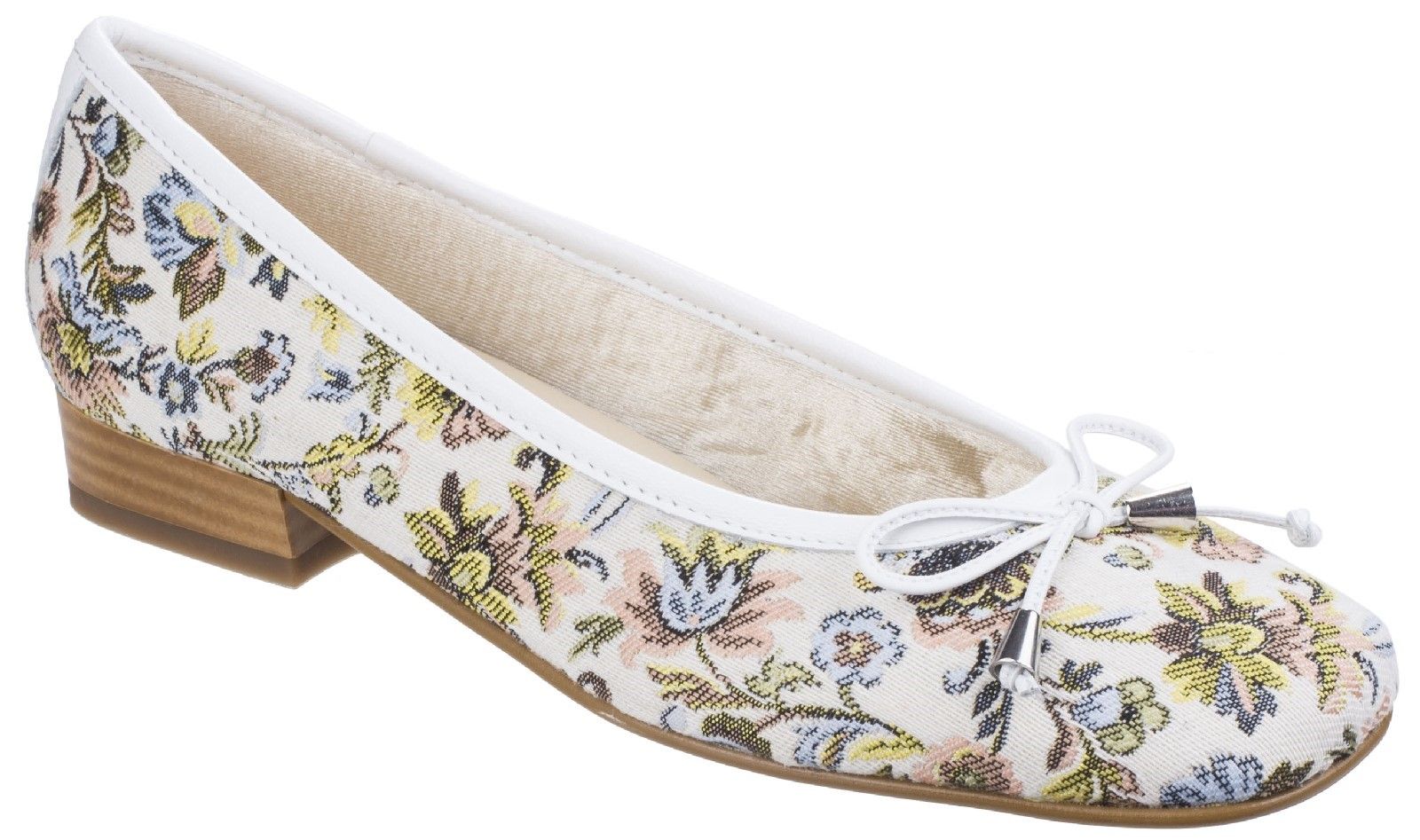 Discover luxury style and craftsmanship in Rivas Bolsena. A vintage floral design adorns a modern ballerina court with refined fit and clean-cut edges. Ladies slip on ballerina court shoe. 
Crafted with a luxury textile woven upper. 
Vintage floral pattern design. 
Leather rim and bow trim with metallic finish. 
Silky smooth comfort padded textile lining.