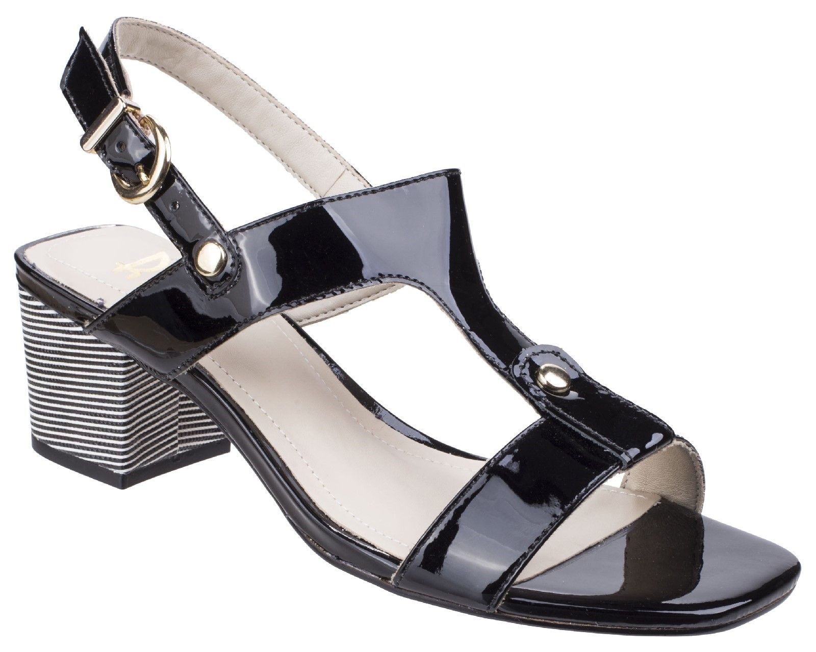 These Hot Heels from Riva are sizzling. An eye-catching striking block heel showcases minimalistic polished uppers with classy stud embellishments that give barefoot wear a certain desired attitude. Luxury design using glossy patent leather uppers. 
Open toe T-Bar mule with sling back strap. 
Adjustable heel strap with buckle closure. 
Hidden elasticated comfort strap panel. 
Metallic studs on side and mid toe strap.