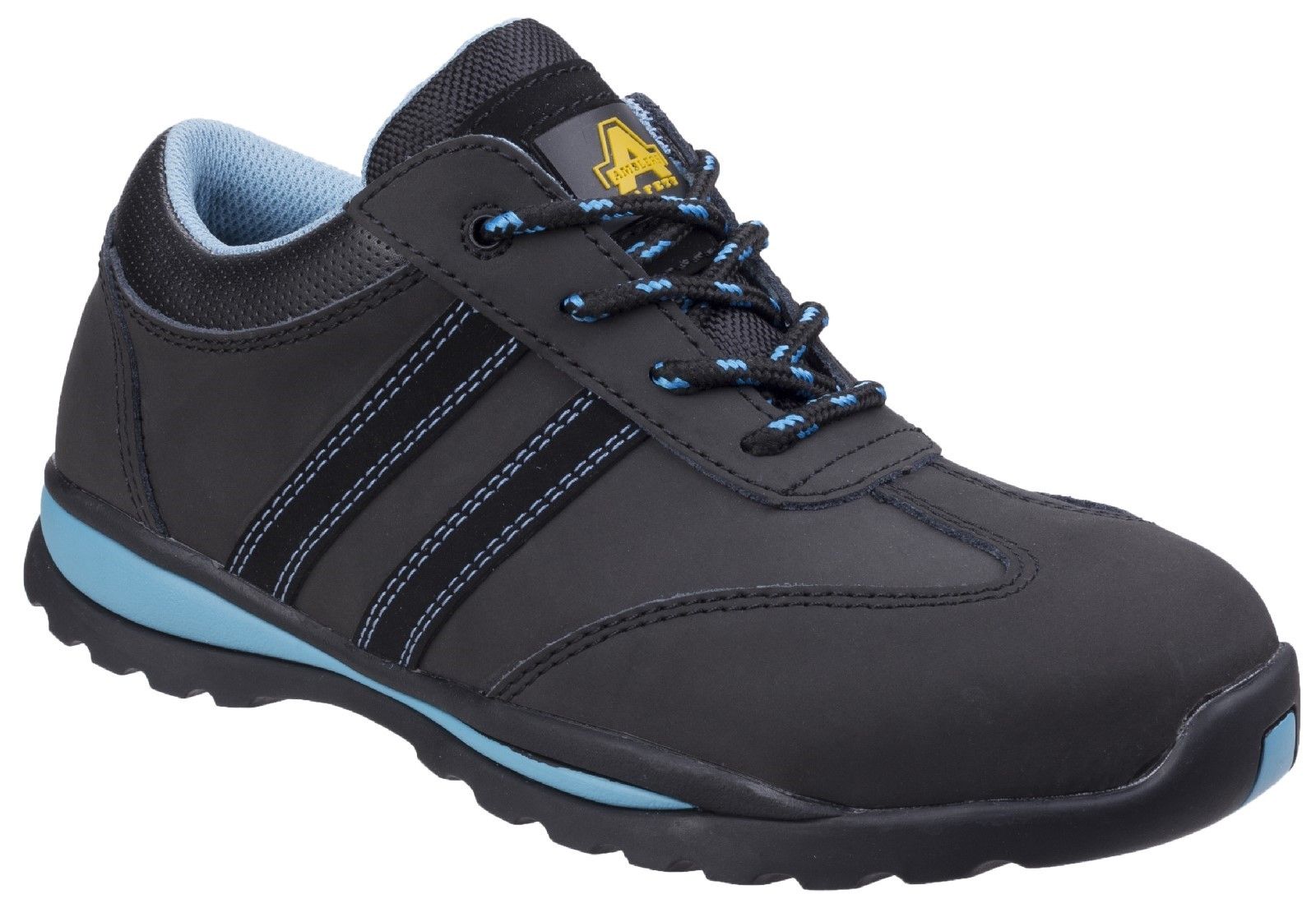 Women's modern lightweight safety trainer crafted with Nubuck Leather, PU padded collar, anti-static and durable full Rubber outsole.Nubuck Leather upper. 
Moisture wicking breathable mesh lining. 
200 Joules Steel toe cap. 
Penetration resistance Steel midsole to 1100 Newtons. 
Anti-static.