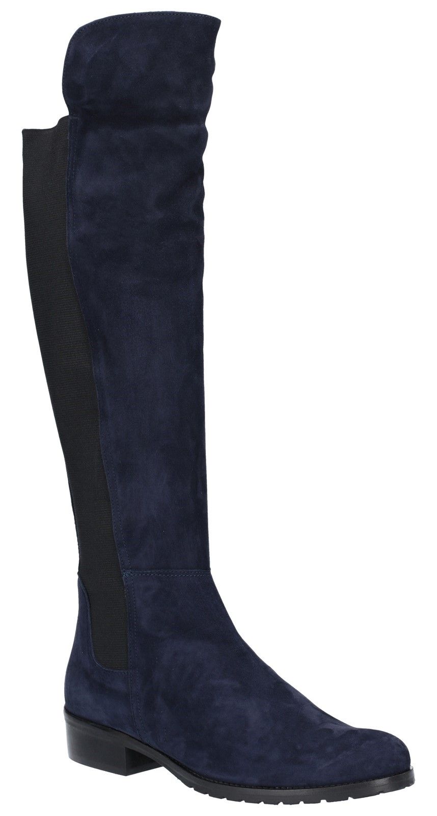 Ladies knee high suede leather boots with full length elastic panel for comfort.Ladies' knee high suede leather pull up boots. 
Soft suede leather upper. 
Full length elasticated comfort panel. 
Contoured heel stiffener. 
Comfortable rounded toe.