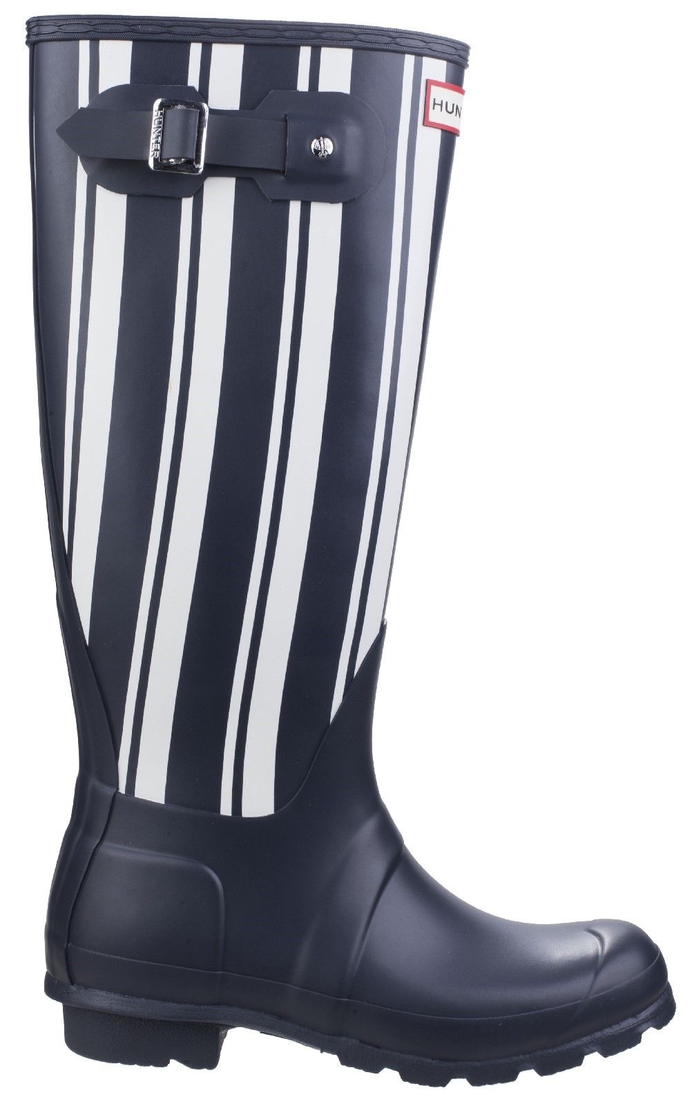 Handcrafted from 28 parts, Hunter's Original Tall Welly is globally recognised as an iconic rain boot. Constructed from natural vulcanised rubber with a unique garden stripe print Fun and practical wellington Fully waterproof Polyester lining and non slip rubber sole.