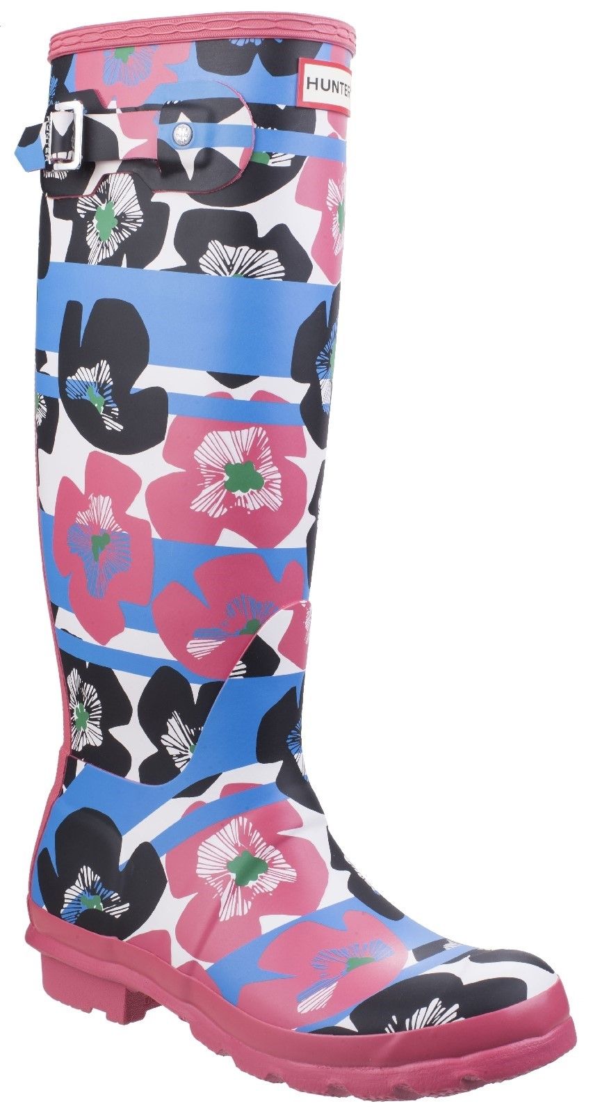 Handcrafted from 28 parts, and based on Hunter's Original Tall welly, this fully waterproof boot is globally recognised as iconic. Constructed from natural vulcanised rubber A bold floral and stripe print celebrating Hunter's longstanding affiliation with the garden Fun and practical wellington Features a polyester lining and non slip rubber sole
