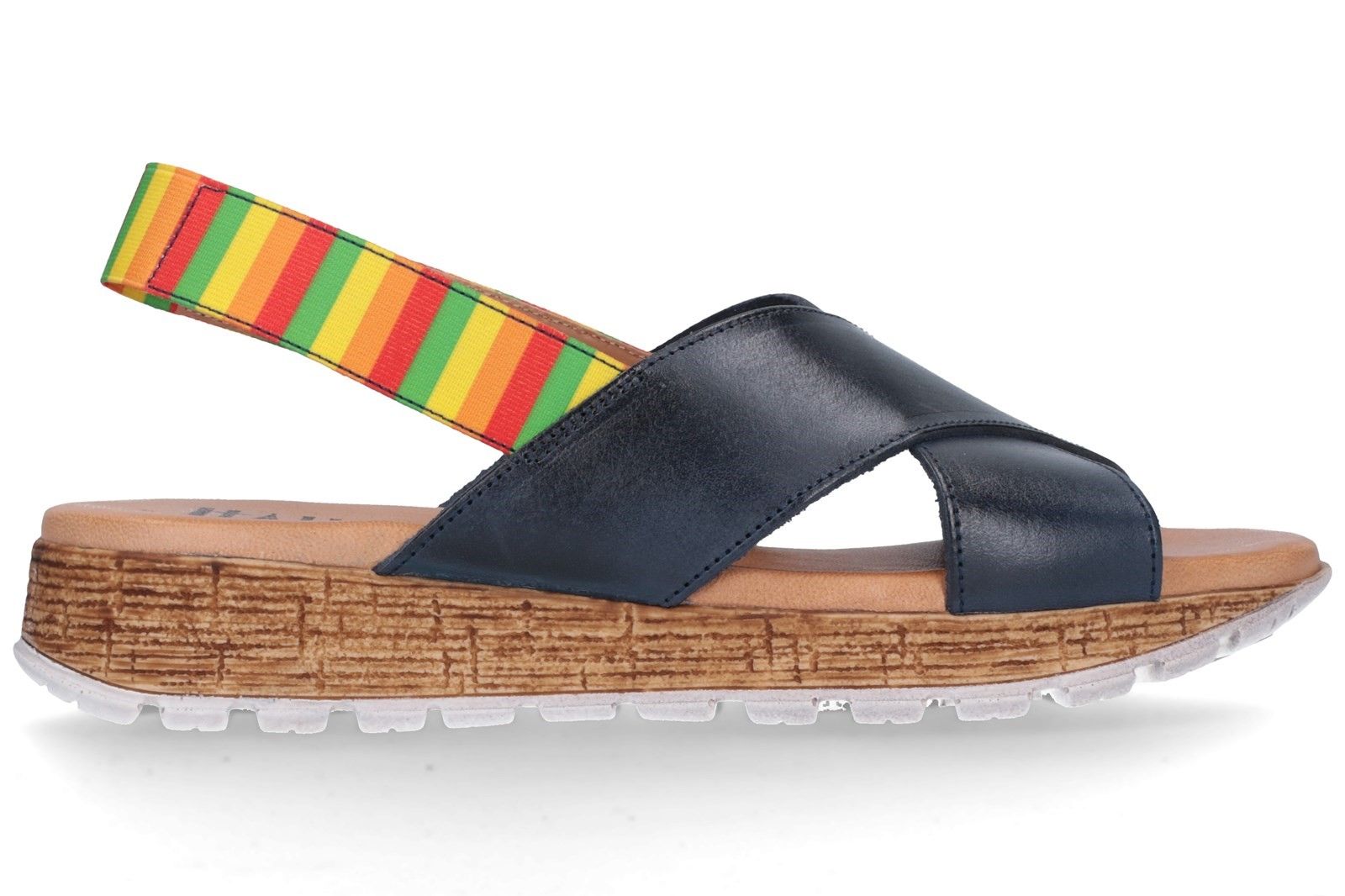 Open toe sling back sandal from Riva.Grenada open toe sandals from Riva. 
Supple leather strappy uppers. 
Slingback multicoloured stripes elasticated strap. 
Luxury padded foot bed. 
Cork textured sole.