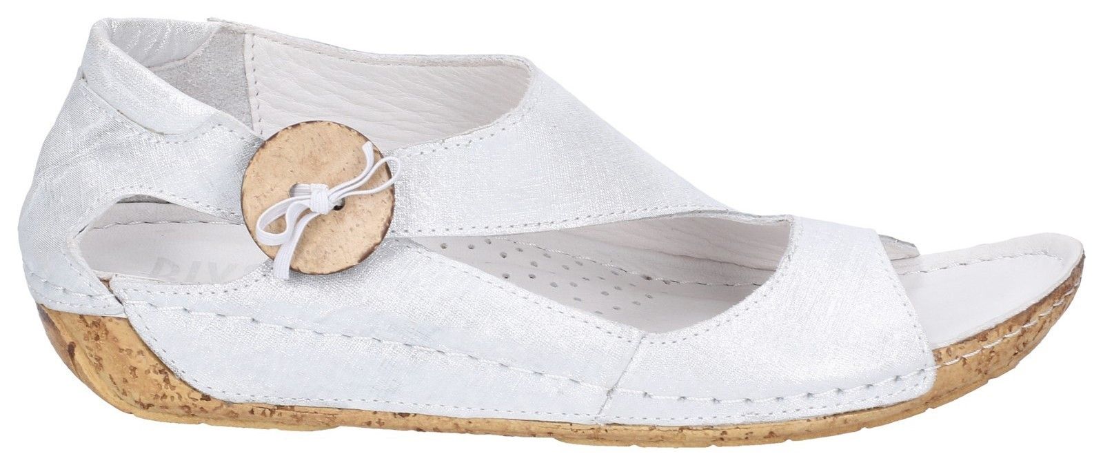 Charming slip-on open toe casual shoe crafted with luxuriously soft metallic leather uppers. A large button feature hides a stretch comfort fitting elastic panel whilst a low gentle rise and padded foam layered foot bed cushions feet. Women's slip-on open toe summer casual shoe. 
Luxuriously supple metallic leather uppers. 
Large wooden button feature with secret elastic fittings. 
Large asymmetric breathable cut out panel. 
Closed back with inner suede heel grip.