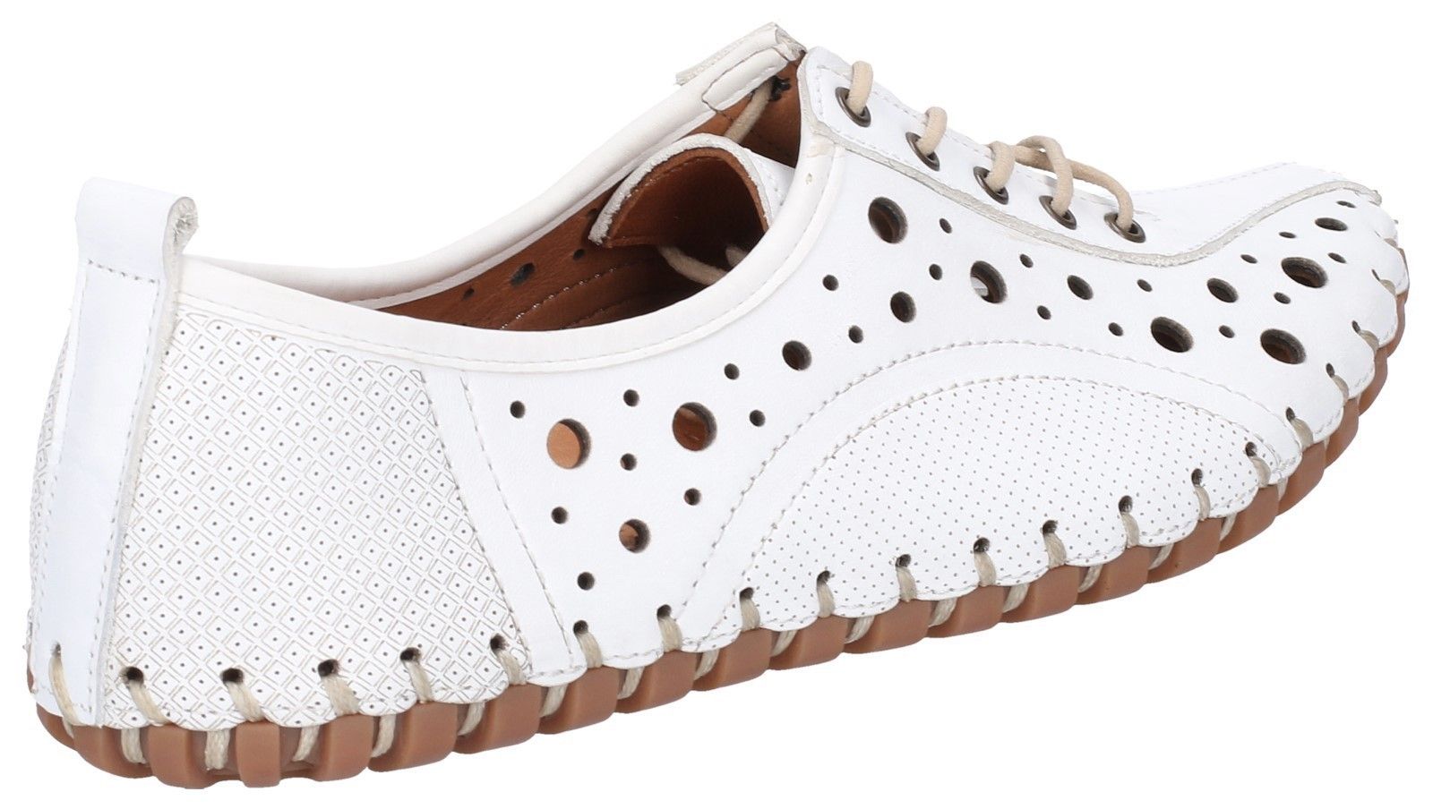 This ultra comfortable flat shoe keeps feet relaxed during summer with its breathable bubble perforations. A superbly flexible outsole with deeply cushioned foam foot bed moves with the natural gait of the foot. Elastic lace for removable comfort. Ultra comfortable and breathable women's flat casual shoe. 
Luxuriously soft full grain leather upper. 
Easy slip-on transformation with stretchy elastic lace front. 
Five metallic eyelets for personalised fit. 
Breathable bubble perforations adorn the upper.