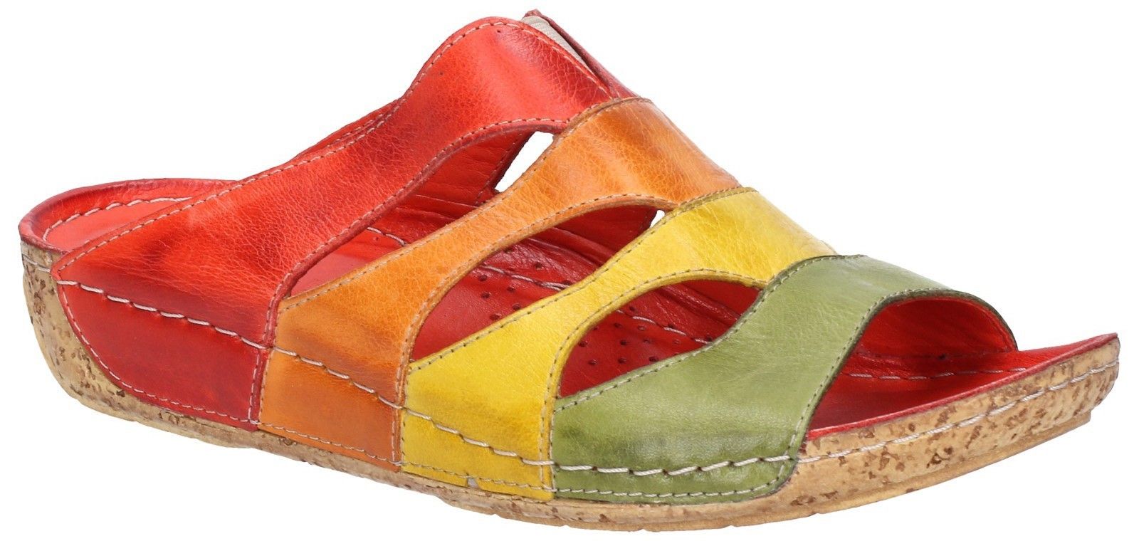 Women's luxury slip on mule sandal with supple leather multi-coloured layers with easy to slip into stretch-fit panel. Women's luxury leather open toe mule sandal. 
Multi-coloured caged upper with cut out panels. 
Elastic V-neck stretch fit gusset. 
Barefoot soft supple leather lining. 
Lightly padded leather-lined foam foot bed.