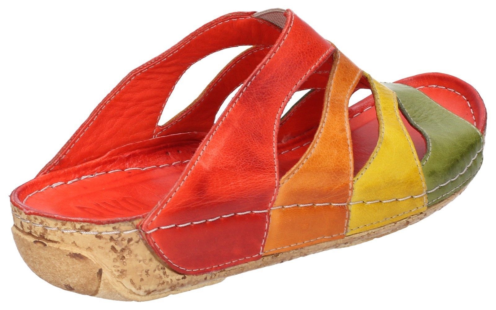 Women's luxury slip on mule sandal with supple leather multi-coloured layers with easy to slip into stretch-fit panel. Women's luxury leather open toe mule sandal. 
Multi-coloured caged upper with cut out panels. 
Elastic V-neck stretch fit gusset. 
Barefoot soft supple leather lining. 
Lightly padded leather-lined foam foot bed.
