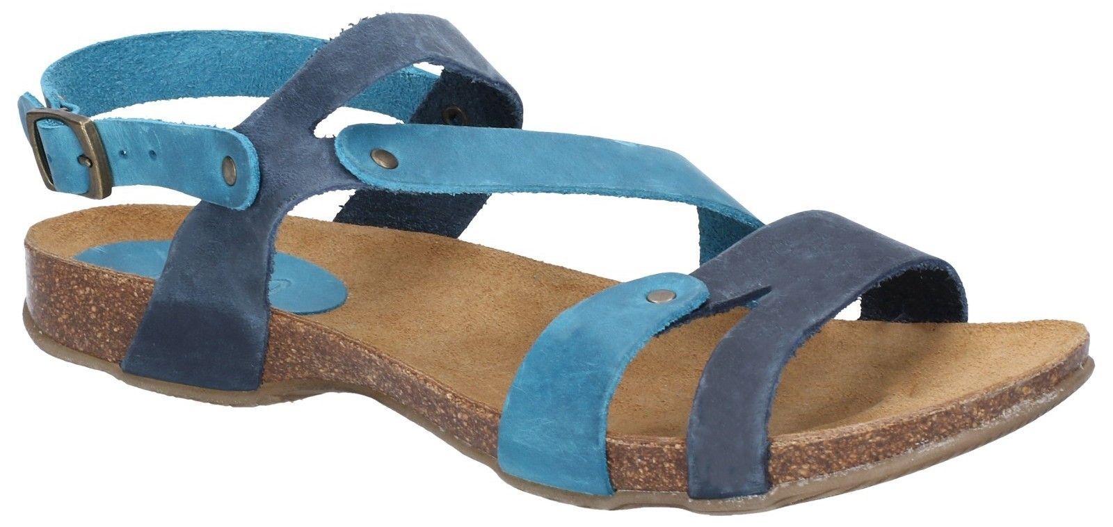 Women's comfort beach sandal with supple multi-coloured leather uppers and stud decorations.Women's fun beach sandal with brightly coloured straps. 
Supple leather uppers with stylish stud features. 
Open toe design with mid Z-strap. 
Adjustable ankle strap with buckle closure. 
Ergonomically designed footbed with comfort toe bridge.