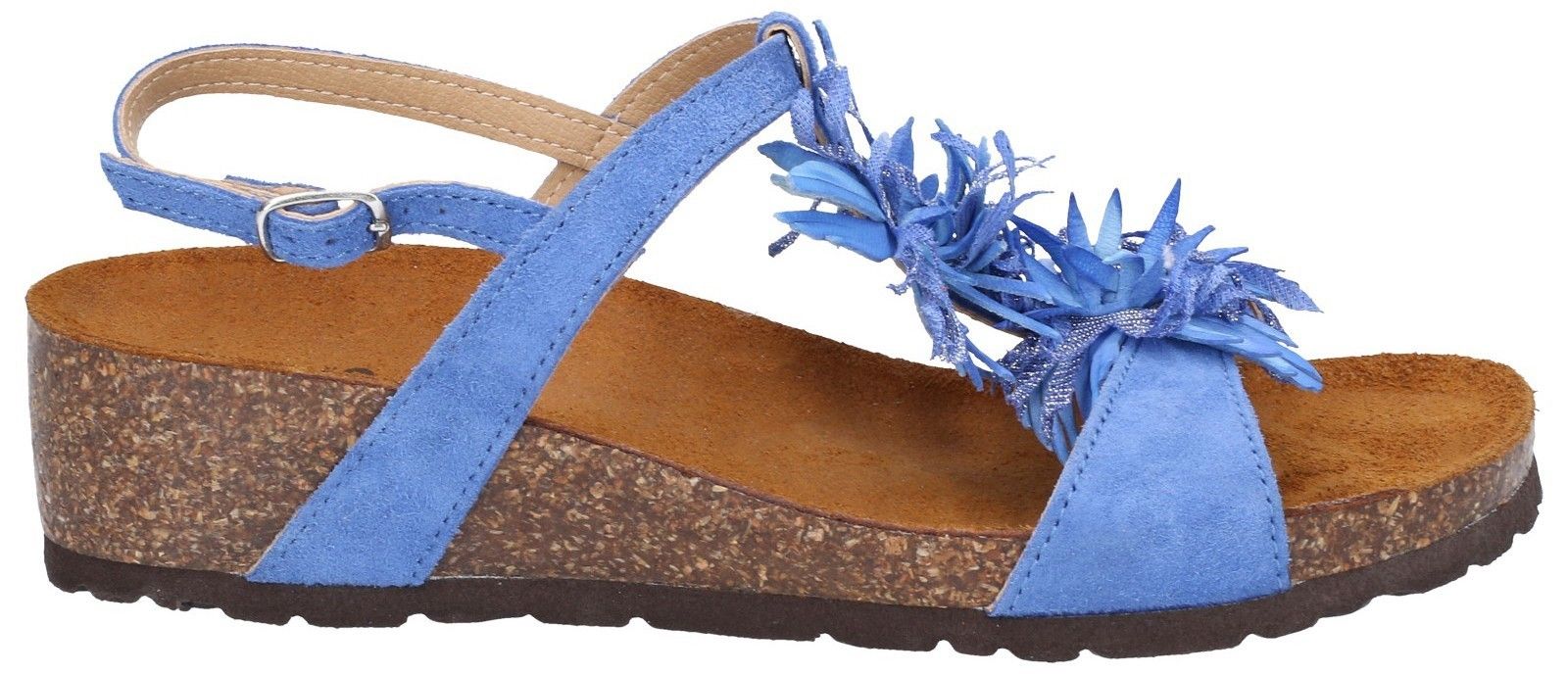 Women's T-strap sandals with luxuriously supple leather uppers in comfortable low-wedge platform design. Floral layers adorn the upper whilst metallic woven petals are embedded between.Women's leather T-bar low wedge sandals. 
Strappy uppers using luxuriously soft leather. 
Stylish floral metallic woven embellishments adorn the upper. 
Buckle ankle closure with a number of adjustment points. 
Ergonomically designed footbed with comfort toe bridge.