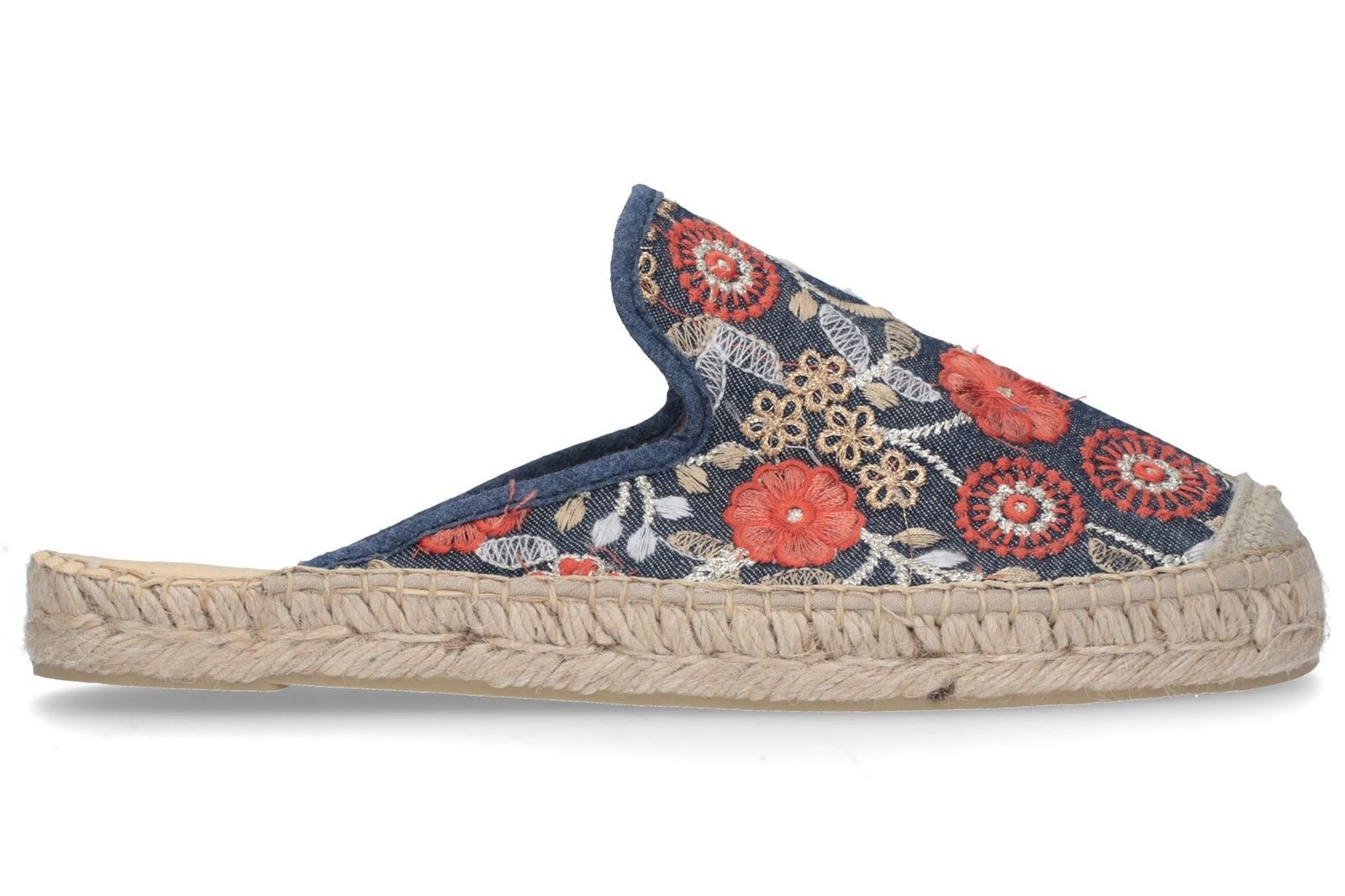 Slip on denim espadrille mule sandals from Riva.Pollen espadrille mule sandals from Riva. 
Denim canvas upper with floral decoration. 
Luxury padded foot bed. 
Jute rope finish.