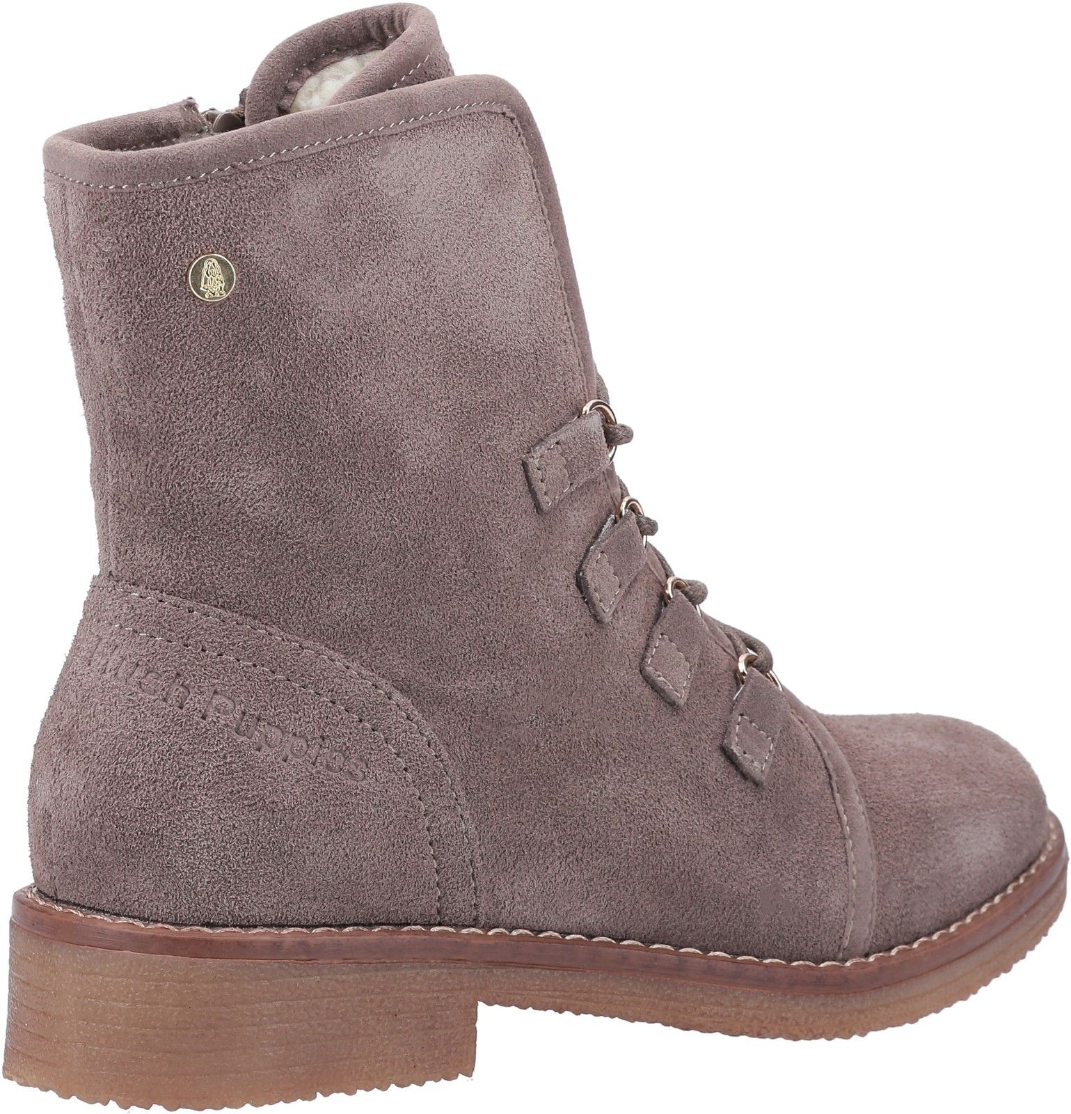 The Milo cosy fleece lined ladies boots from Hush Puppies will keep you warm all winter with the fleece lined collar able to be worn up or down and the water resistant suede will keep you looking stylish no matter what weather you run in toWater Resistant Suede Upper with Faux Shearling Collar. 
Collar can be Worn Up or Down. 
Lace Up Fastening for the Perfect Fit. 
Hidden Inside Zip for Ease. 
Super Warm, Cosy and Comfortable Textile Lining.