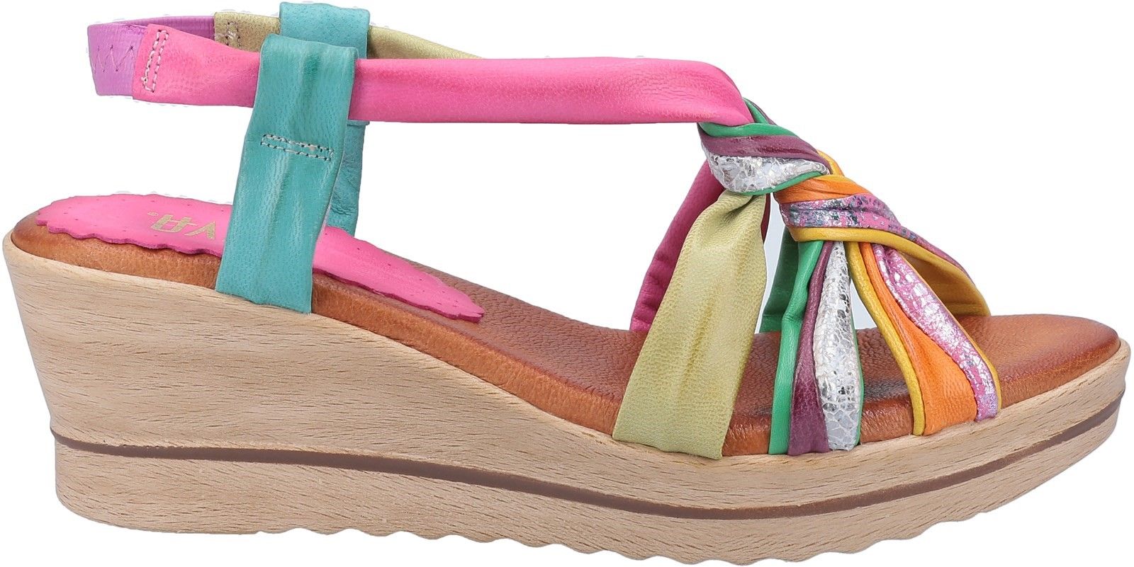 Riva Perpignan is a womens slip on slingback summer sandal with wedge heel, platform sole and soft, plait detail leather uppers.