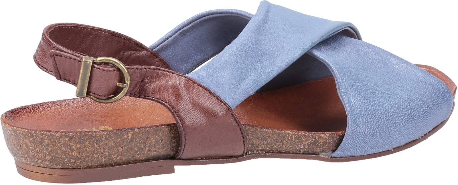 Riva Pontiella is a womens stylish and versatile flat slingback summer sandal with soft leather uppers in a crossover design, contrast colour heel strap with buckle closure and leather covered moulded footbed for comfort.