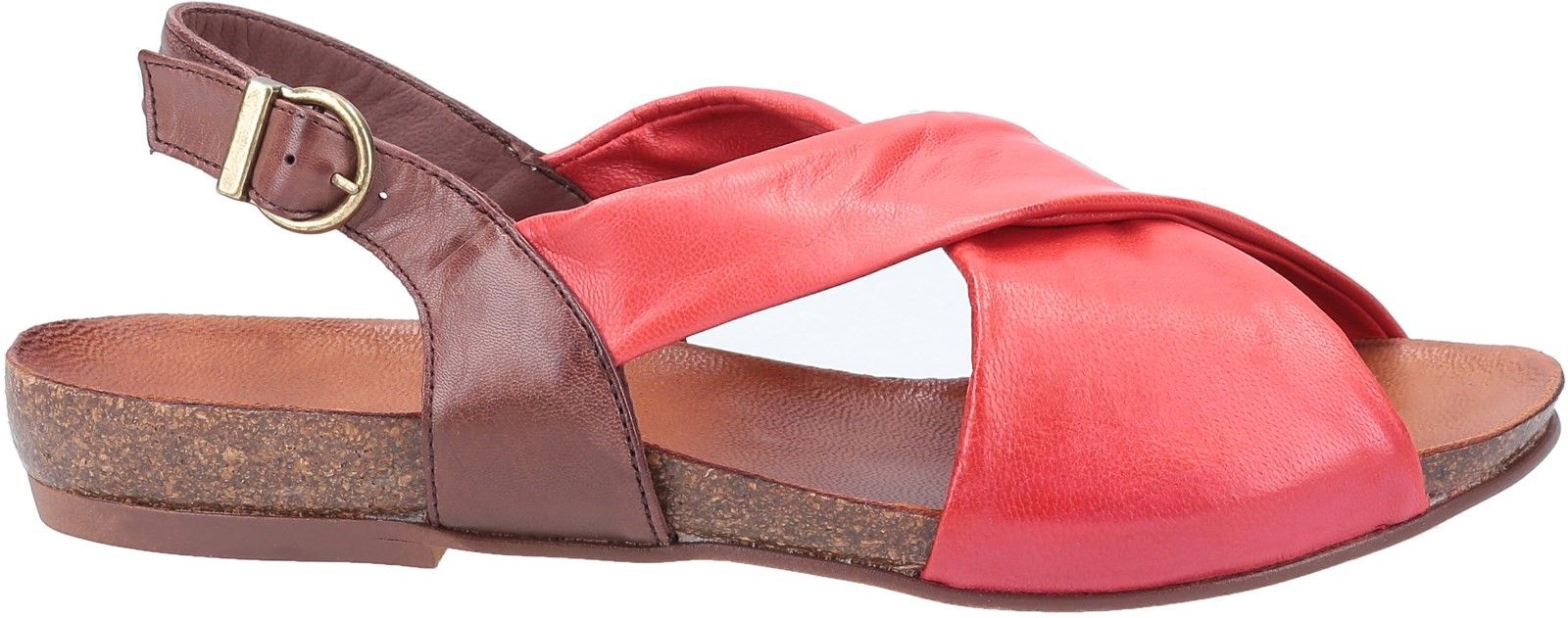 Riva Pontiella is a womens stylish and versatile flat slingback summer sandal with soft leather uppers in a crossover design, contrast colour heel strap with buckle closure and leather covered moulded footbed for comfort.