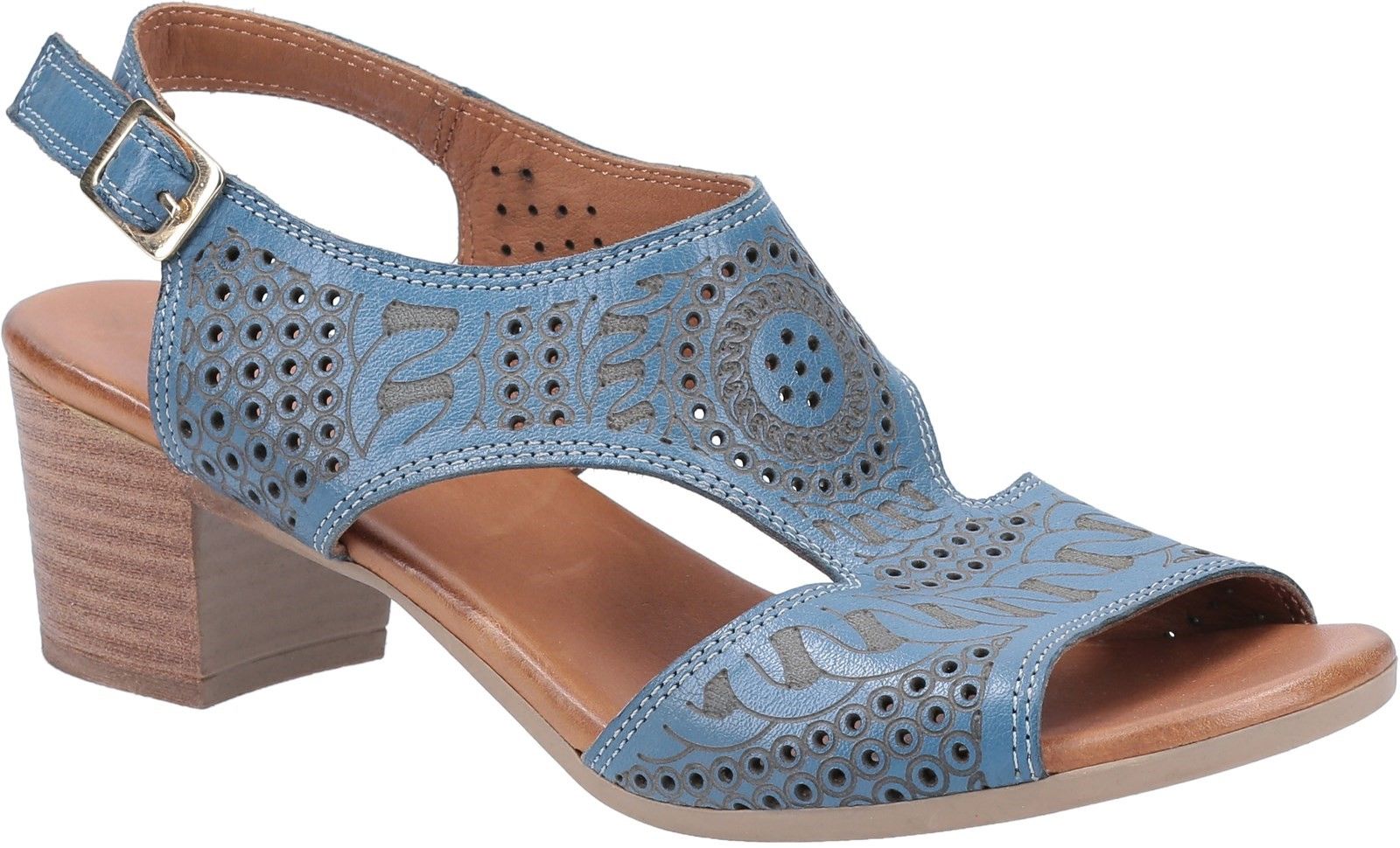 Women's slingback sandal from Riva, Tux takes you from day to night in chic casual style. Crafted from soft Leather and featuring elegant embossed patterns with adjustable buckle fastening for a secure fit. Open back and toe sandal. 
Block heel with padded midsole. 
Embossed patterns.