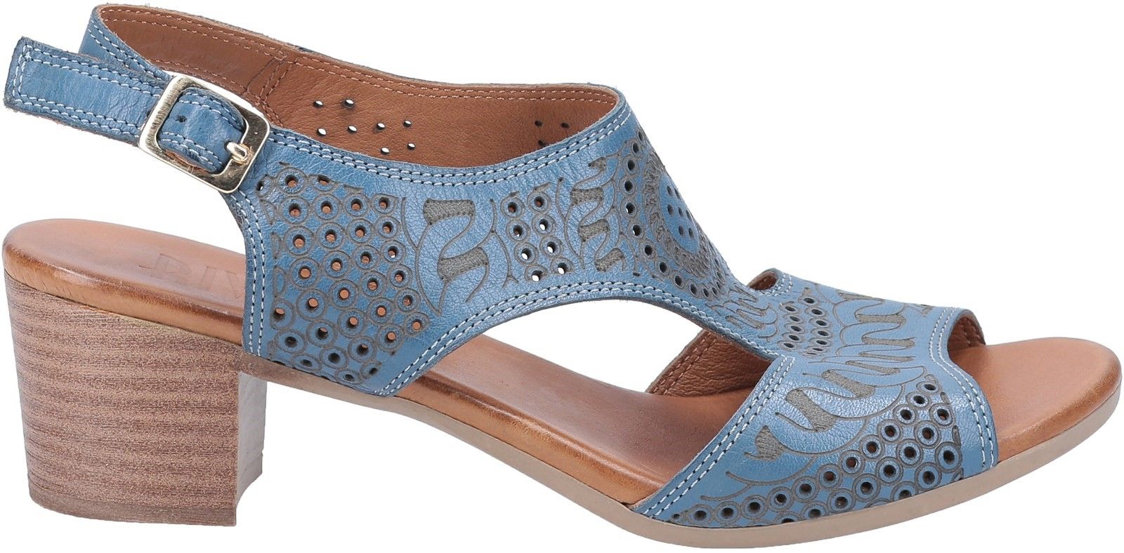 Women's slingback sandal from Riva, Tux takes you from day to night in chic casual style. Crafted from soft Leather and featuring elegant embossed patterns with adjustable buckle fastening for a secure fit. Open back and toe sandal. 
Block heel with padded midsole. 
Embossed patterns.
