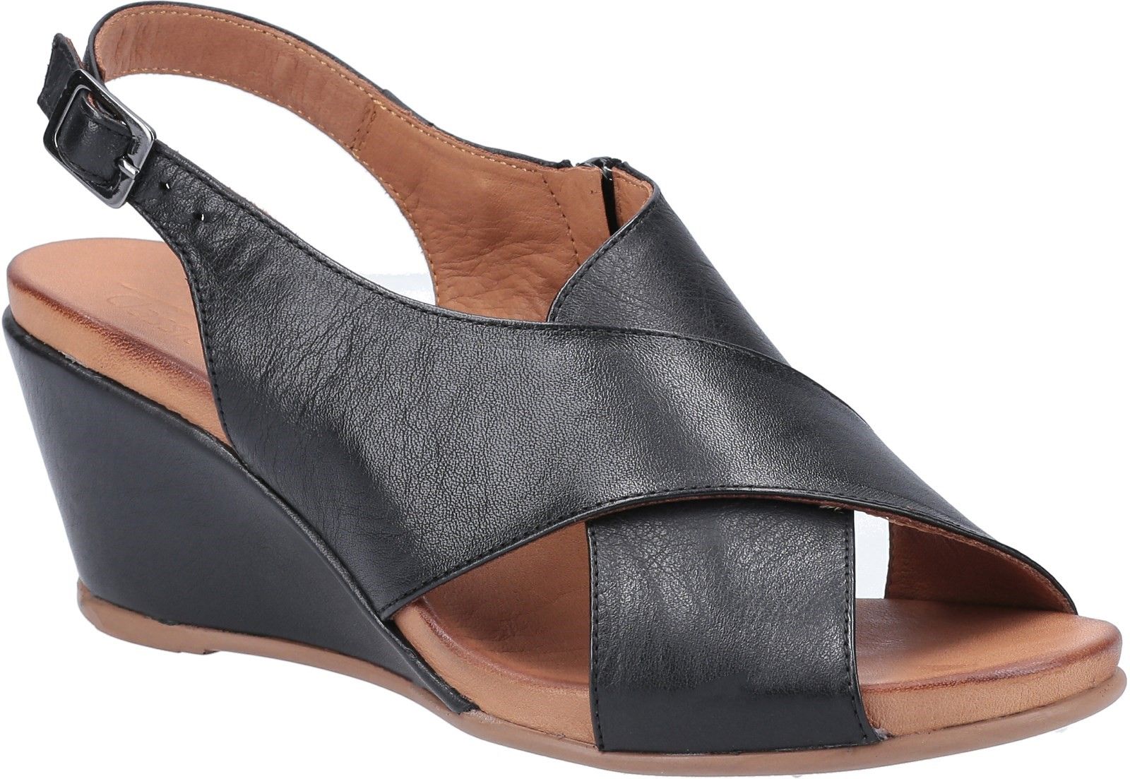 Riva Penne is a womens stylish and versatile wedge heeled slingback sandal with soft leather uppers in a simple crossover design, leather lining and buckle fastening at ankle for fit adjustment.
