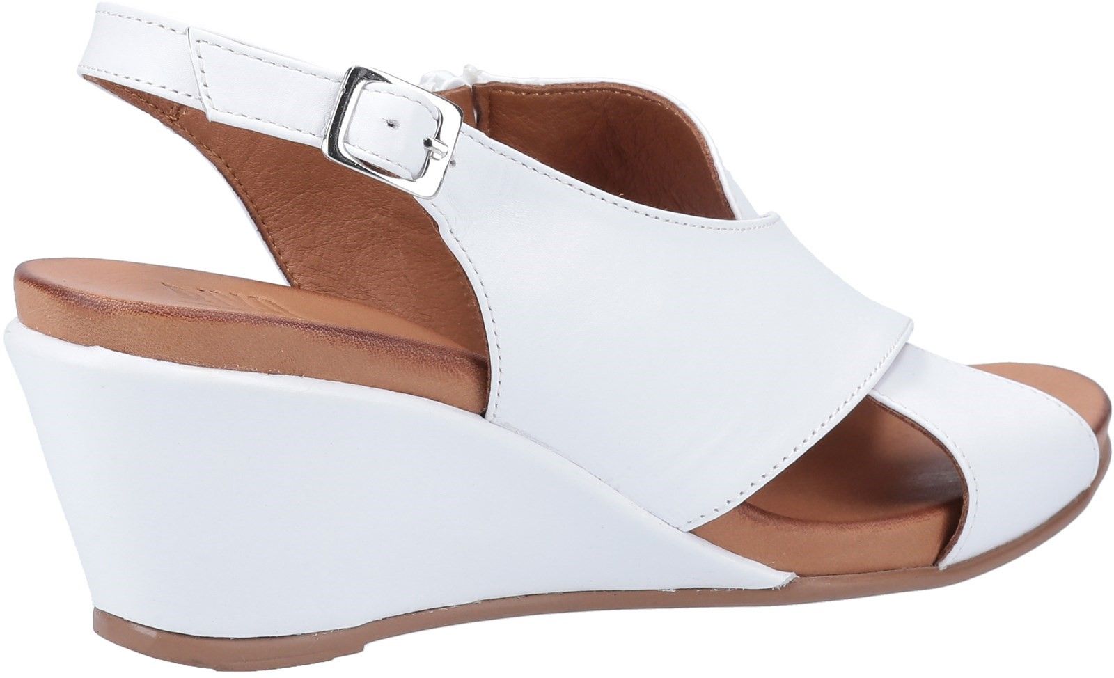 Riva Penne is a womens stylish and versatile wedge heeled slingback sandal with soft leather uppers in a simple crossover design, leather lining and buckle fastening at ankle for fit adjustment.