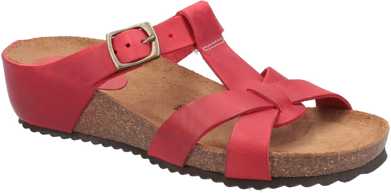 Riva Cerbere is a womens T Bar design slip on sandal with leather uppers in comfortable low wedge platform design.
