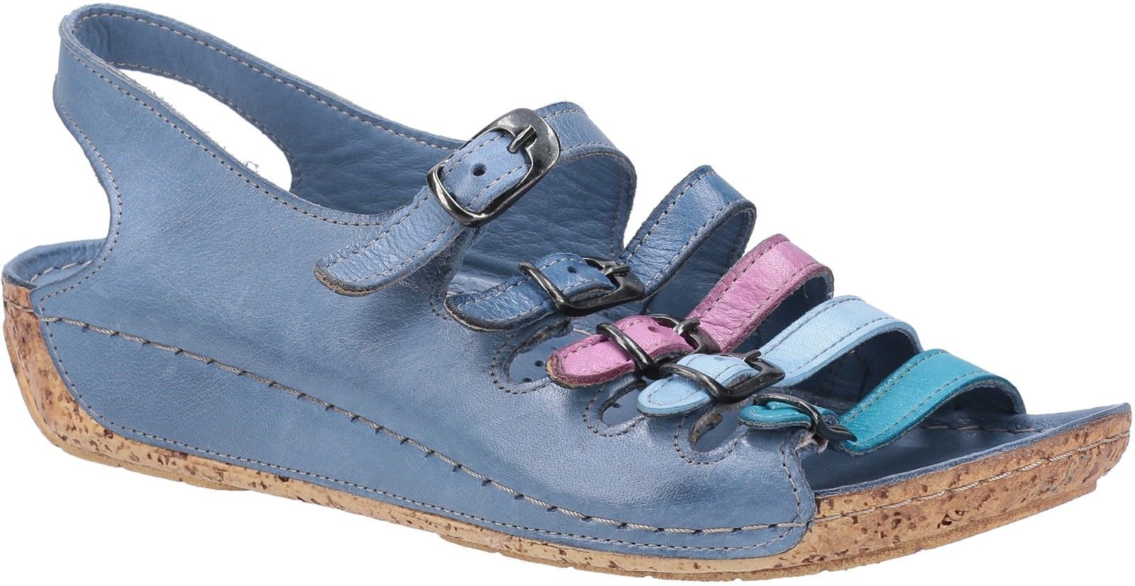 Elegant casual open toe sandal smooth leather uppers. Five adjustable multicoloured buckle straps and a lightweight cork wedge heel providing comfort and style. Open back and toe sandal. 
Lightweight cork sole unit. 
Five adjustable coloured straps.
