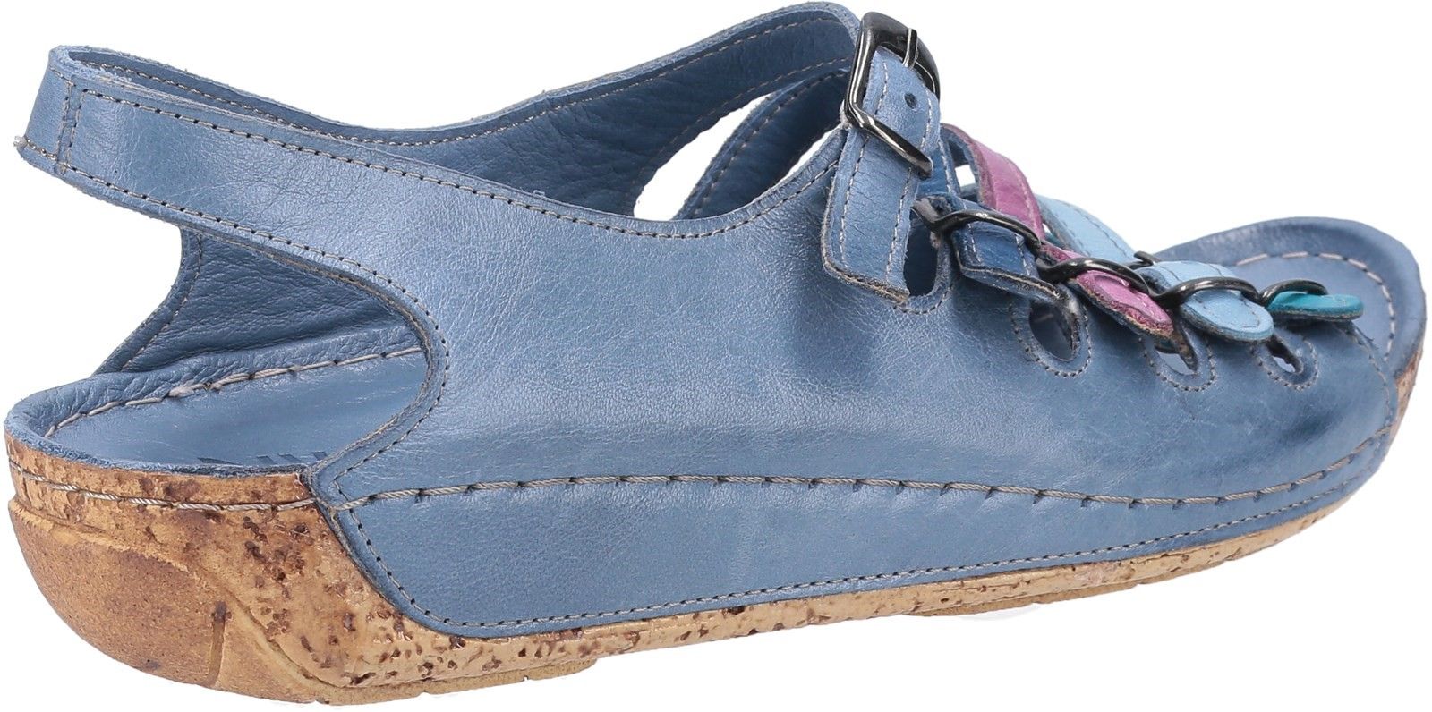 Elegant casual open toe sandal smooth leather uppers. Five adjustable multicoloured buckle straps and a lightweight cork wedge heel providing comfort and style. Open back and toe sandal. 
Lightweight cork sole unit. 
Five adjustable coloured straps.