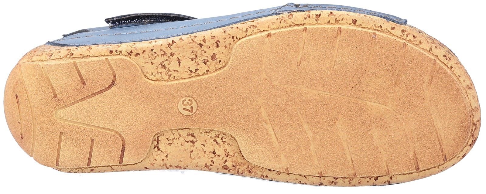 Open toe smooth leather sandal with touch fastening, man made cork wedge sole and beautiful embossed detailing Supple leather upper with embossed and perforated design. 
Touch fastening side fitting. 
Comfortable open toe and back style. 
Comfort padded anatomically shaped leather foot bed. 
30mm low wedge heel.