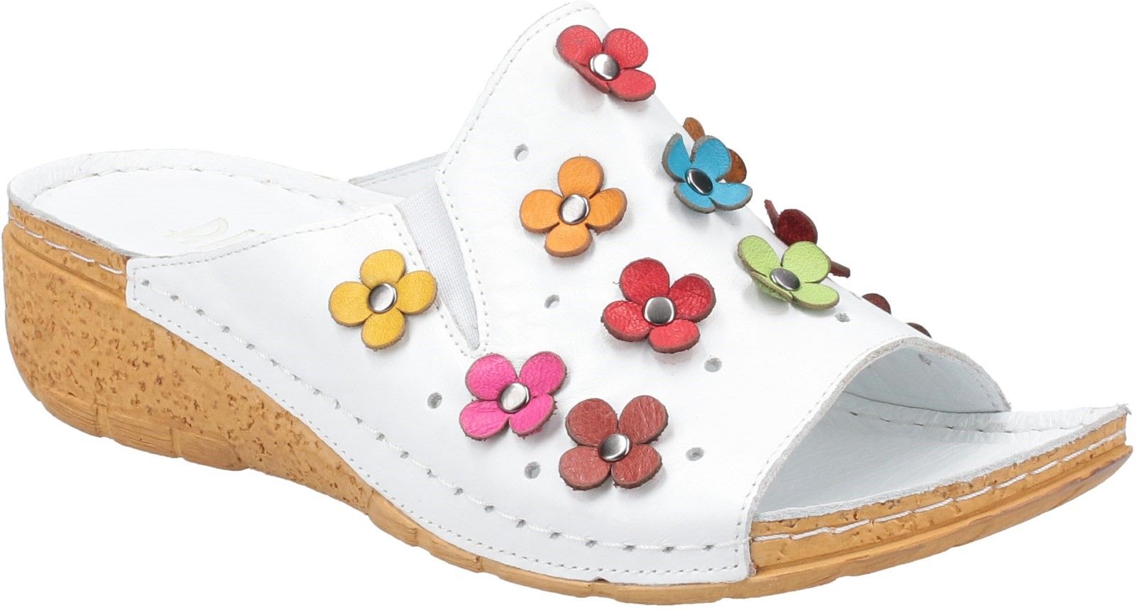 Mont Blanc is a beautiful flowery summer sandal from Riva.  Luxurious leather uppers with a mix of coloured flower petals, while an elastic side gusset gives you a super comfortable fit.Elastic side gusset. 
Lightweight wedge sole unit. 
Coloured leather flowers.