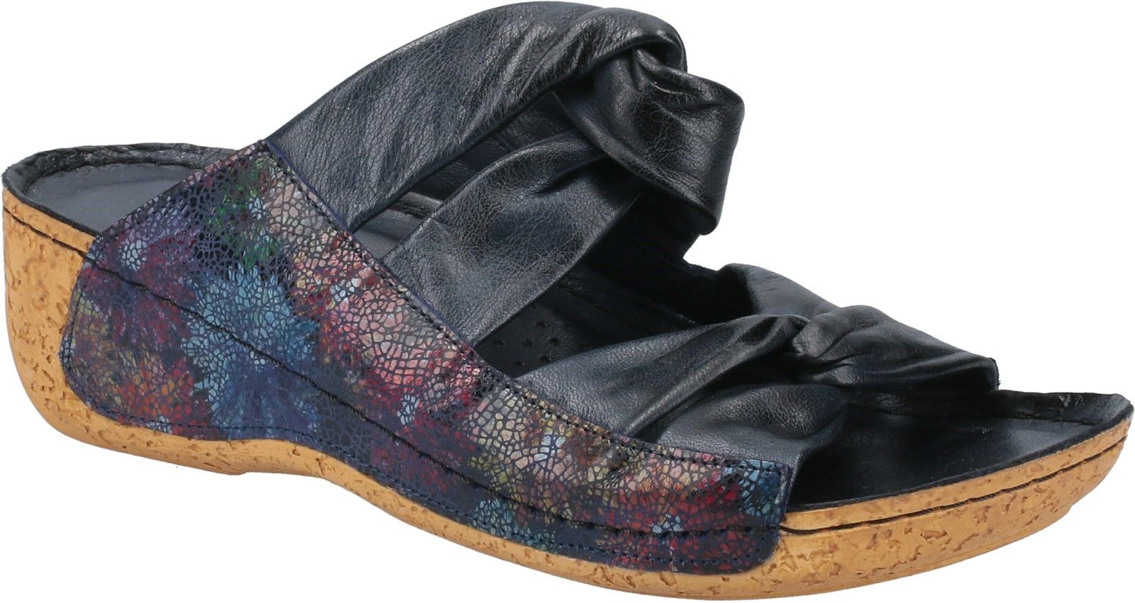 Women's luxury slip on mule sandal with soft flexible supple leather layers locked to adjust to the feet, mosaic outer panel design and lightweight cork wedge heel. Open toe sandal. 
Lightweight cork sole unit. 
Mosaic detail.