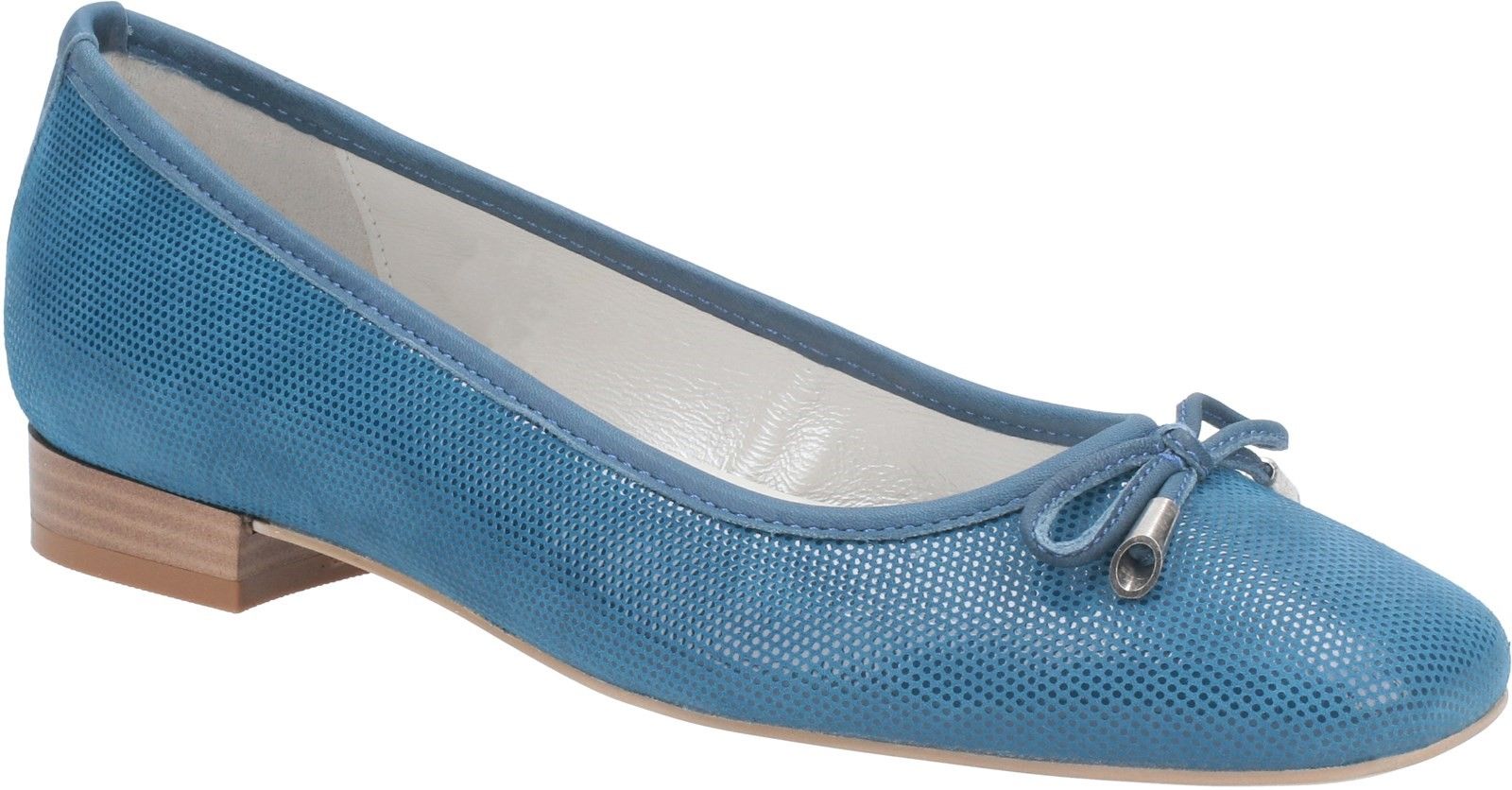 Riva Llafranc is a womens elegant slip on ballerina with decorative bow and toggle trim and square toe shape. It has soft printed suede leather uppers with contrast smooth leather topline and heel trim and a lightly padded leather covered footbed.