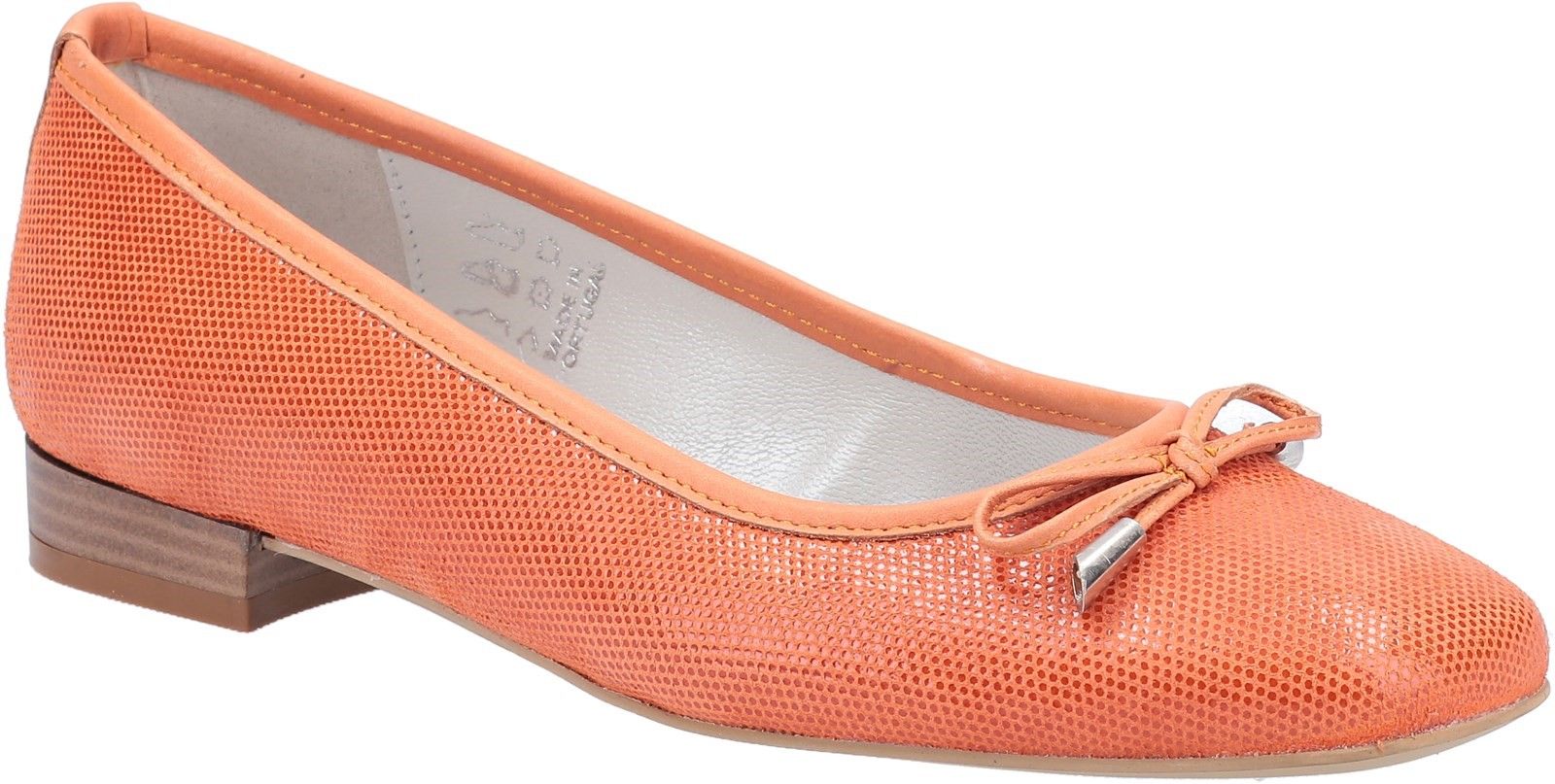 Riva Llafranc is a womens elegant slip on ballerina with decorative bow and toggle trim and square toe shape. It has soft printed suede leather uppers with contrast smooth leather topline and heel trim and a lightly padded leather covered footbed.