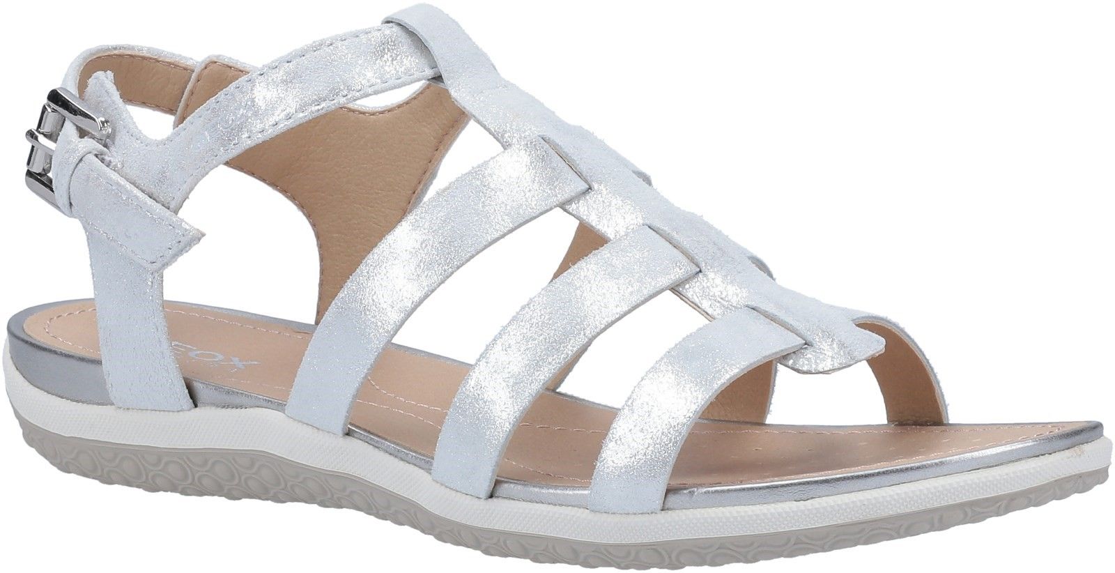 This shoe will pamper your feet on warm summer days. Practical and versatile, Geox's Vega sandals have been crafted from shiny silver-tone suede and will prove to be an easy match to casual, informal, leisuretime and everyday outfits.Sports Design. 
Adjustable. 
Full Leather Upper. 
Multipurpose. 
Wide Fit.