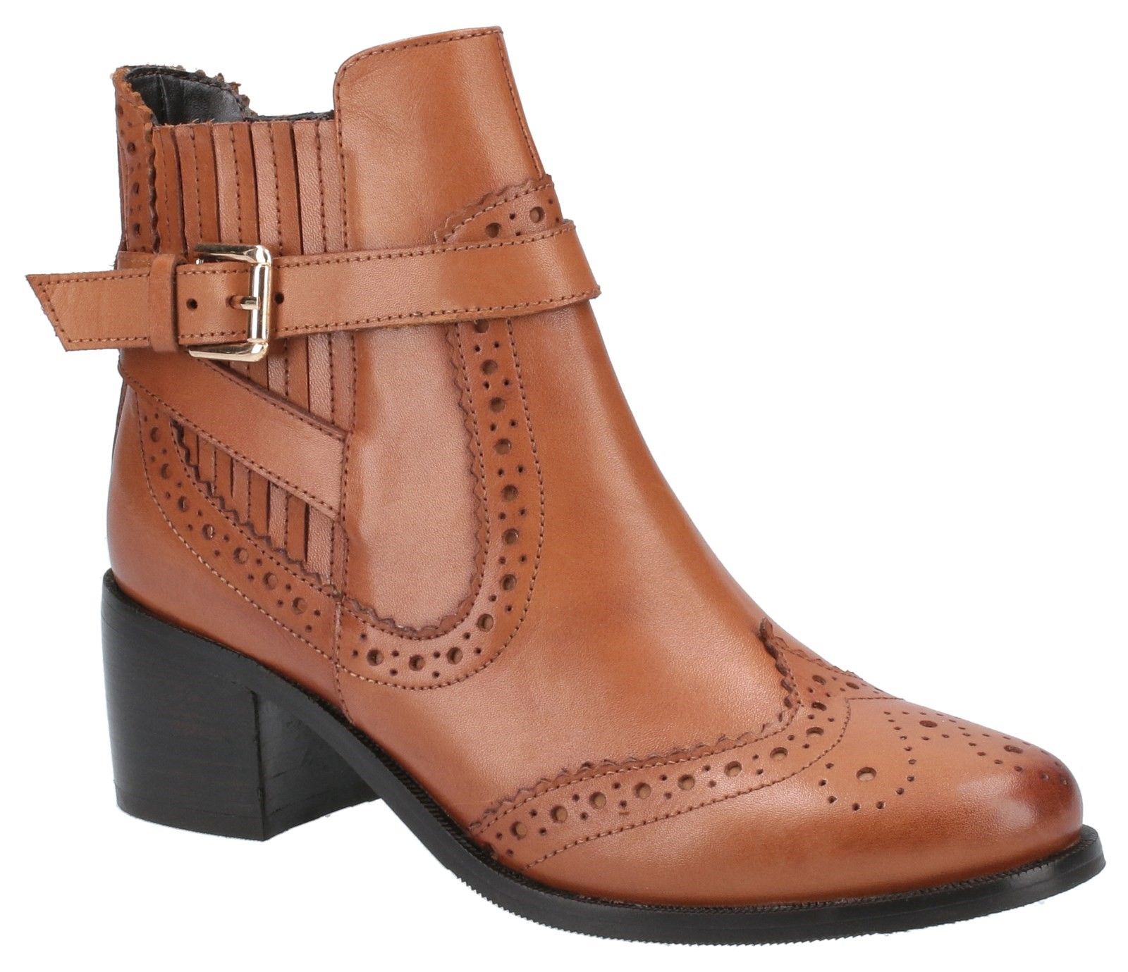Rayleigh is a stylish women's brogue dealer boot with medium block heel. Features classic wing tip brogue detailing and leather covered elastic gusset. Features functioning inside zip and cushion comfort memory foam leather sock.Chelsea style with covered elastic and brogue detailing leather upper. 
Functioning inside zip. 
Leather lining. 
Cushion comfort memory foam leather sock. 
Flexible and hardwearing resin heel and sole.