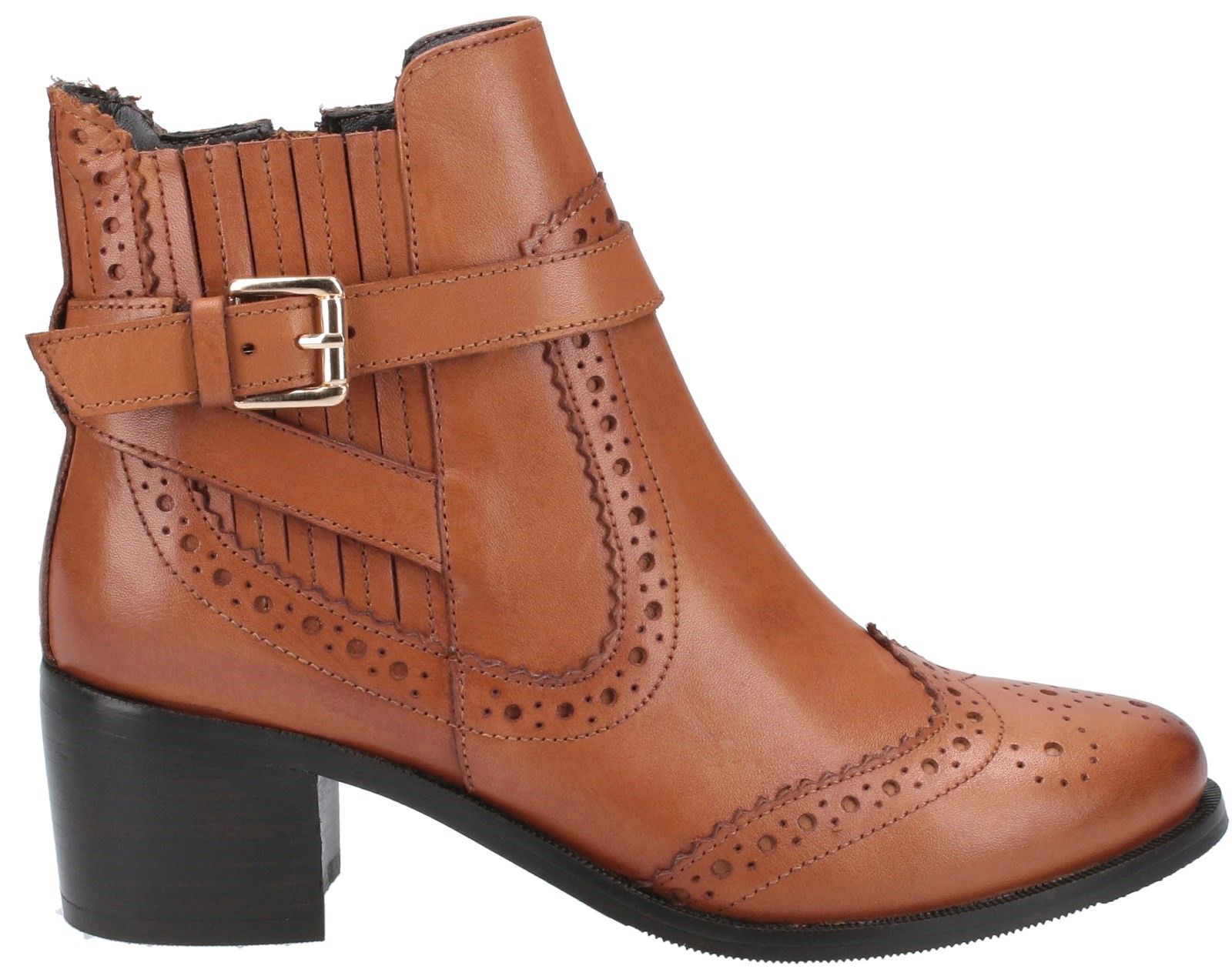 Rayleigh is a stylish women's brogue dealer boot with medium block heel. Features classic wing tip brogue detailing and leather covered elastic gusset. Features functioning inside zip and cushion comfort memory foam leather sock.Chelsea style with covered elastic and brogue detailing leather upper. 
Functioning inside zip. 
Leather lining. 
Cushion comfort memory foam leather sock. 
Flexible and hardwearing resin heel and sole.