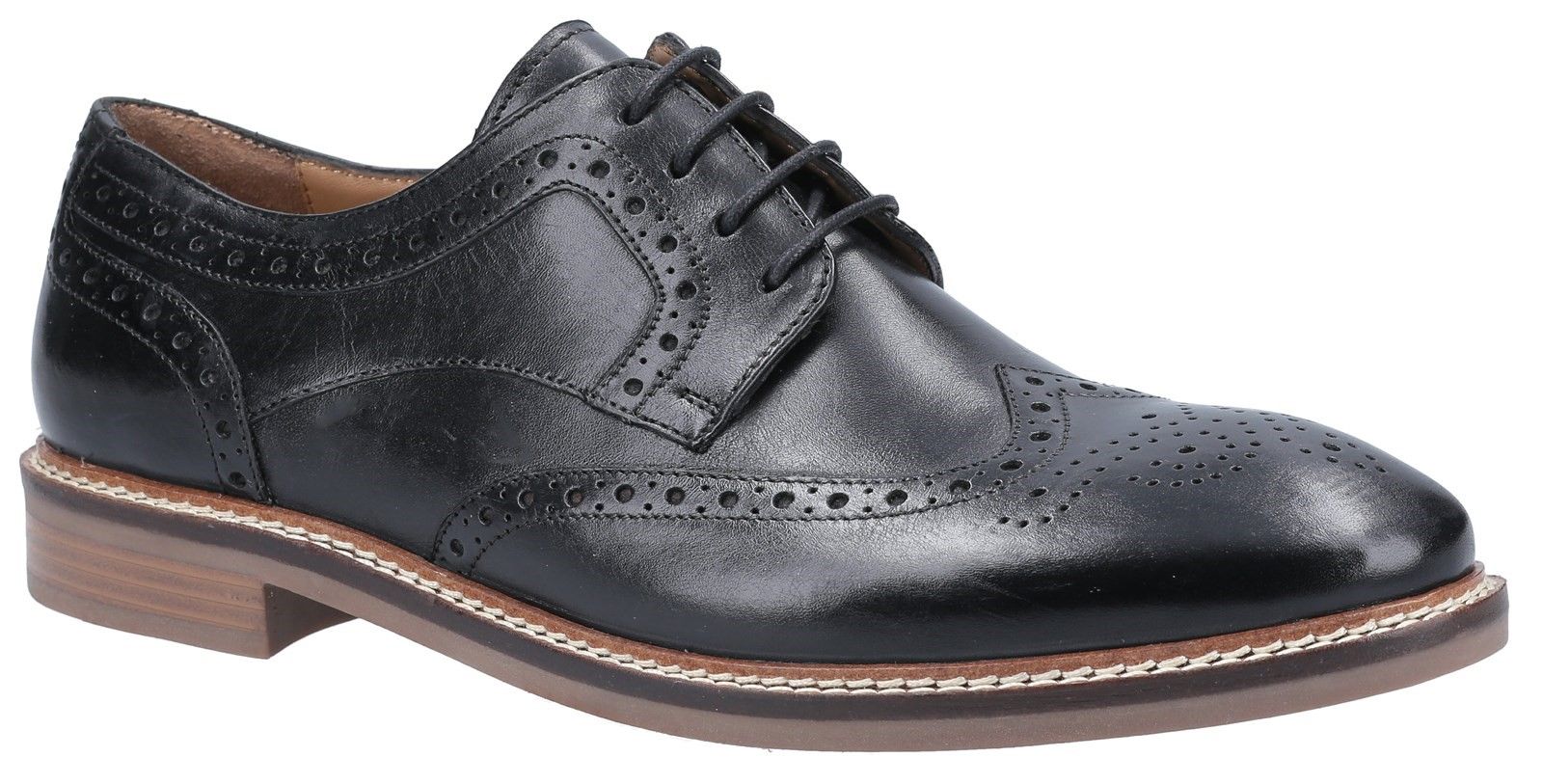 Men's wing-tip brogue shoe; Bryson is crafted with leather and has a comfortable cushioned memory foam leather footbed. The hardwearing TPR flexible sole unit makes this the perfect smart all day footwear.Leather upper with brogue detail. 
Leather lining. 
Cushion comfort memory foam leather sock. 
Flexible TPR sole with stacked effect heel and stitched leather rand detail.