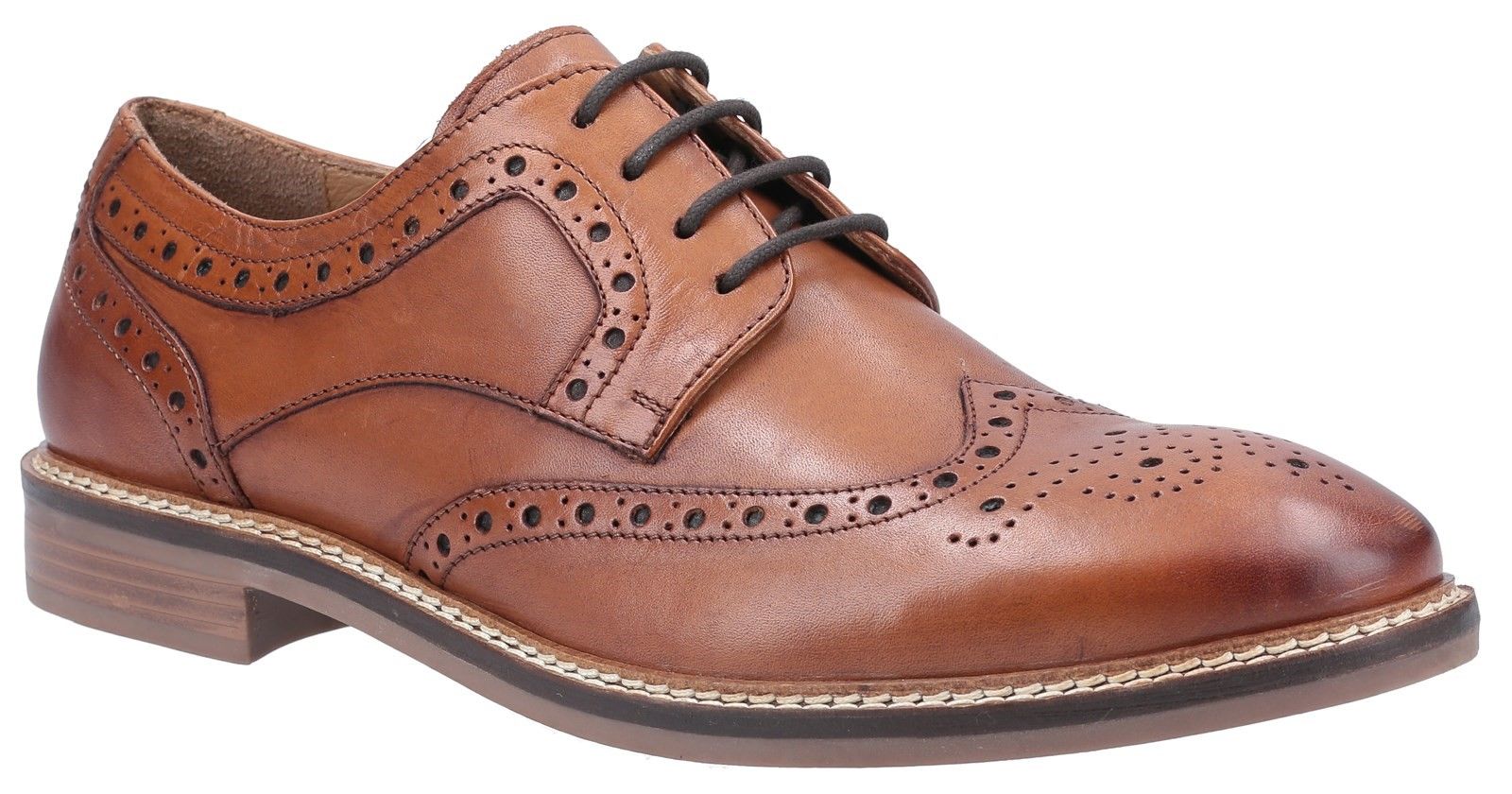 Men's wing-tip brogue shoe; Bryson is crafted with leather and has a comfortable cushioned memory foam leather footbed. The hardwearing TPR flexible sole unit makes this the perfect smart all day footwear.Leather upper with brogue detail. 
Leather lining. 
Cushion comfort memory foam leather sock. 
Flexible TPR sole with stacked effect heel and stitched leather rand detail.