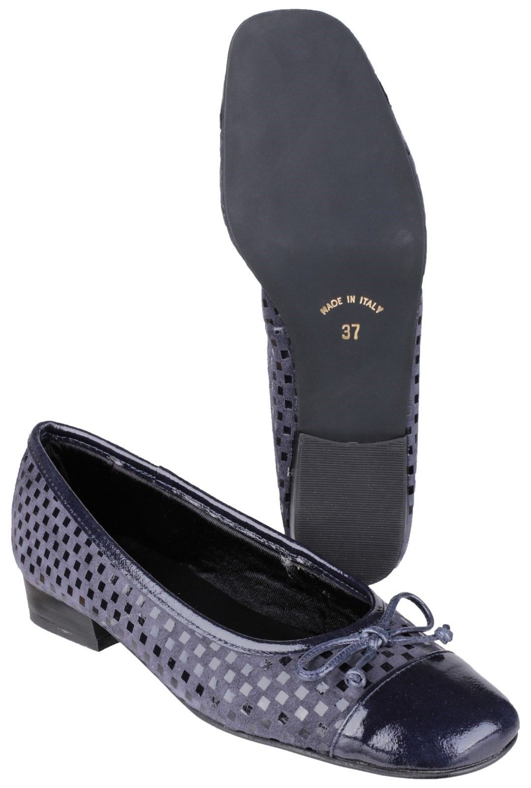 Andros is a stylish slip on ballerina by Riva in soft printed suede leather with a coated leather toe cap and topline trim. Ideal to wear for all occasions with its eye catching pattern and delicate bow and square toe shape.Andros is an elegant slip-on court shoe from 'Riva'. 
Crafted with a suede leather upper with patent chequered print and smooth toecap. 
Finished with a smooth leather rim and simple bow feature.