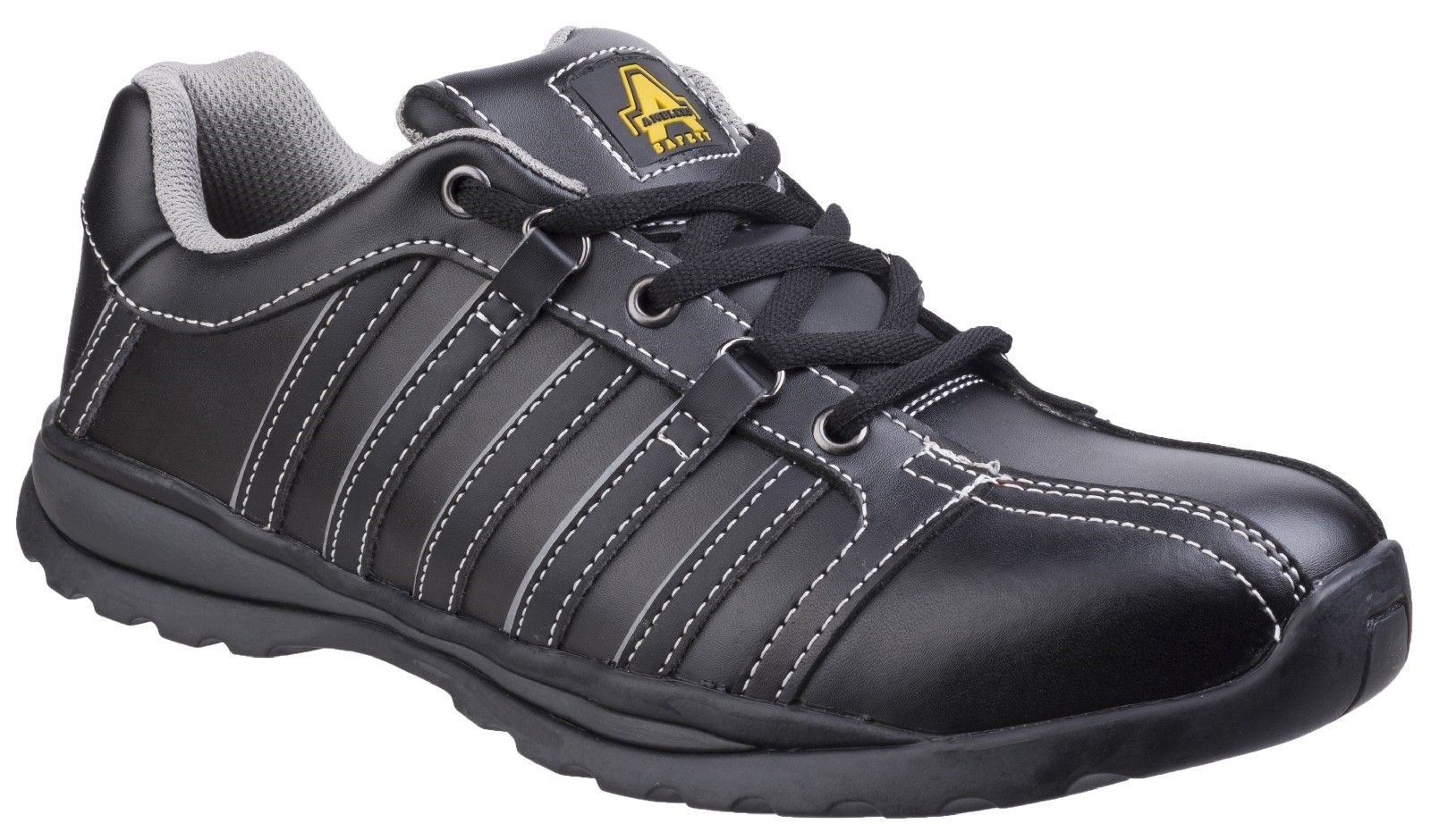 A light weight safety shoe with rubber sole to 300 degrees, heat resistance, SRC slip and anti-static penetration protection sole.Stylish safety trainer with steel toe cap and midsole protection. 
Black leather upper with smooth leather overlays and silver highlights. 
Unique lace up front with alternating eyelets and D-Ring lace holds. 
Comfortably lined with padded textile mesh lining. 
Removable EVA insole.