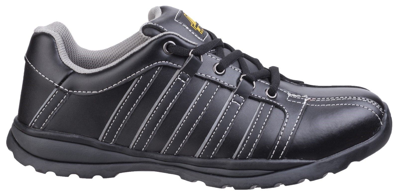 A light weight safety shoe with rubber sole to 300 degrees, heat resistance, SRC slip and anti-static penetration protection sole.Stylish safety trainer with steel toe cap and midsole protection. 
Black leather upper with smooth leather overlays and silver highlights. 
Unique lace up front with alternating eyelets and D-Ring lace holds. 
Comfortably lined with padded textile mesh lining. 
Removable EVA insole.