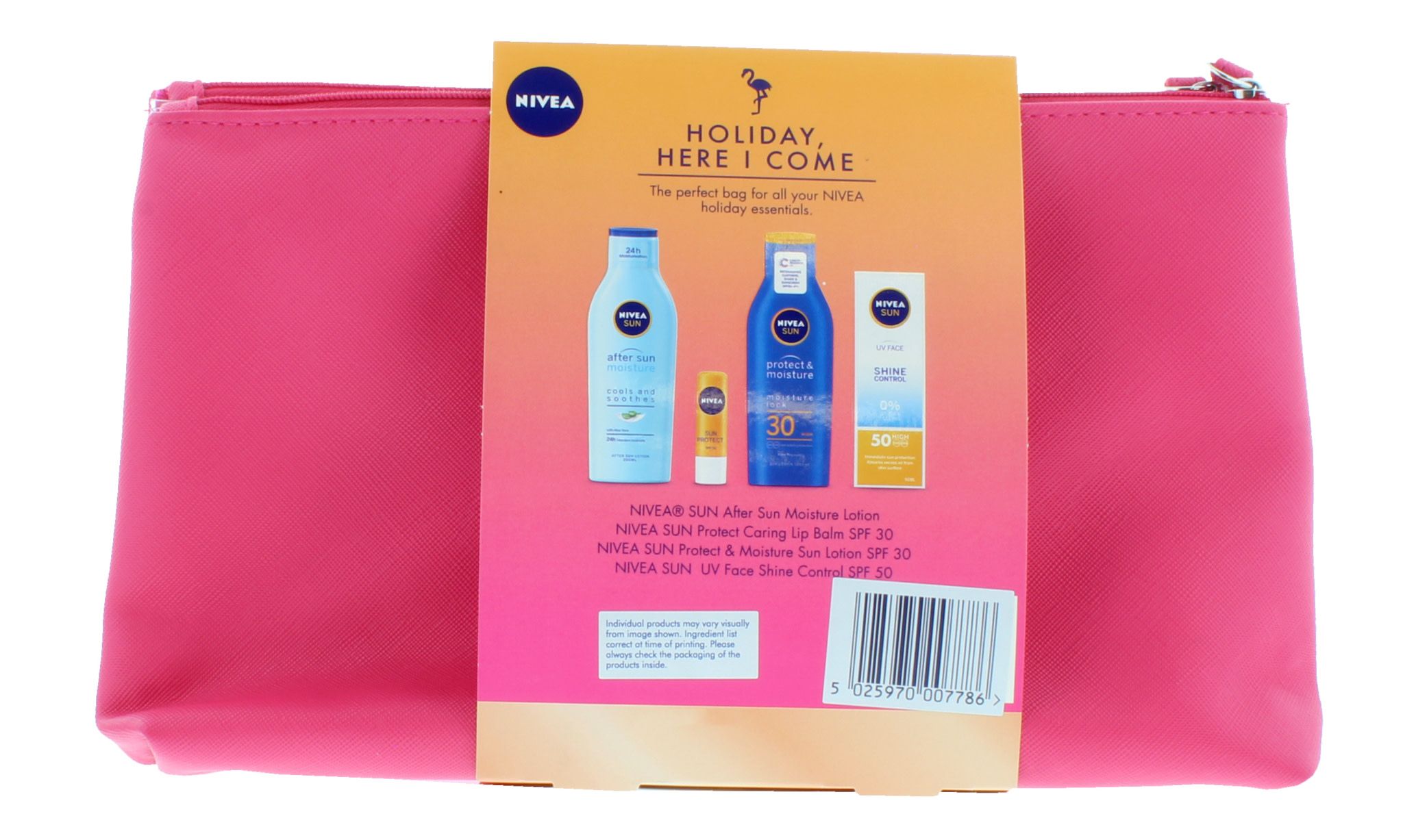 Nivea Sun Holiday Here I Come Set is the perfect bag for all your Nivea holiday essentials. This Nivea Sun set includes: Nivea Sun After Sun Moisture Lotion 200ml + Nivea Sun Protect Caring Lip Balm SPF30 4.8g + Nivea Sun Protect & Moisture Sun Lotion SPF30 200ml + Nivea Sun UV Face Shine Control SPF50 50ml + Pink Toiletry Bag with two handy pockets inside. This is a pack of 2 gift sets.